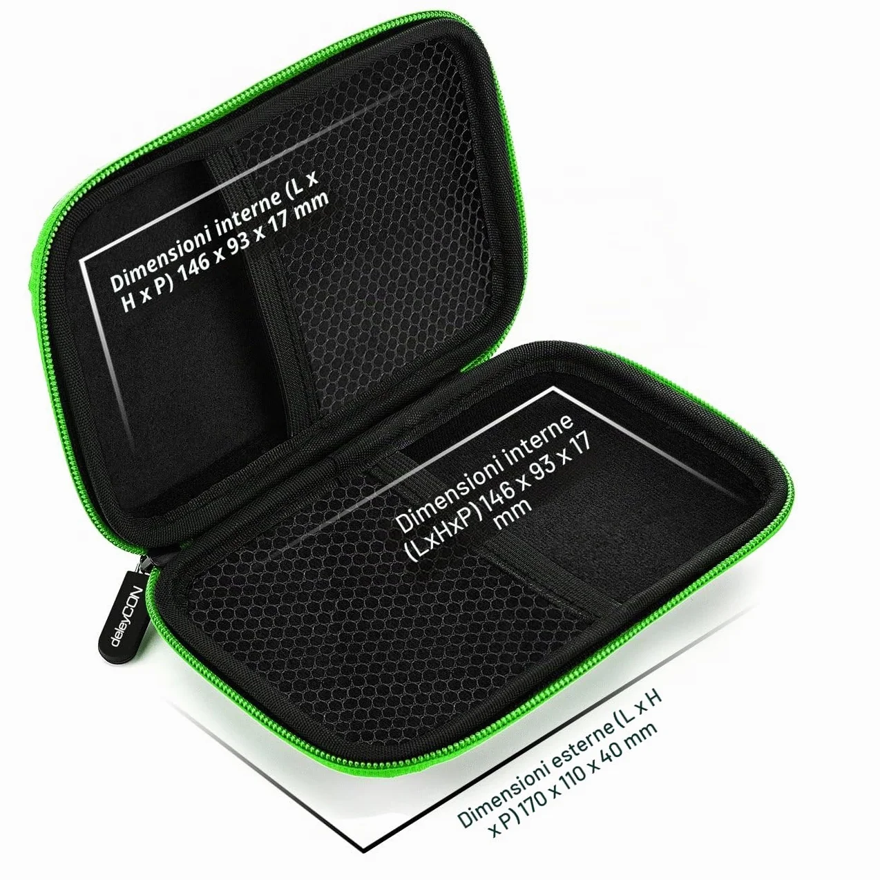deleyCON Borsa del Disco Rigido Custodia HDD - Per Dischi Rigidi da 2,5" Pollici e SSD - Robusto e Antiurto - 2 Scomparti Interni con Tasche a Rete - Verde