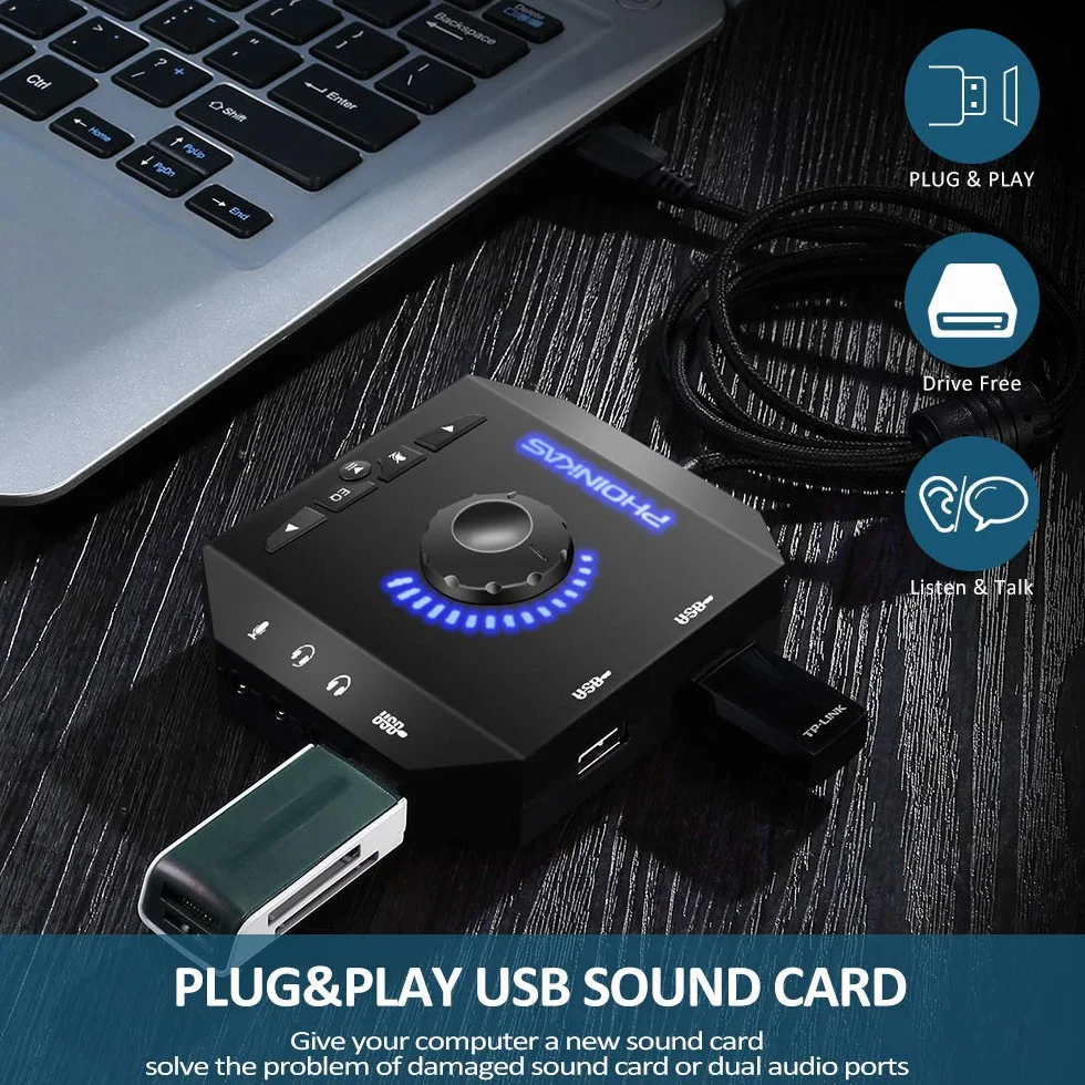 PHOINIKAS Scheda Audio Esterna, Adattatore Microfono USB con Jack per Cuffie da 3,5 mm, Controllo Volume, Riproduzione plug-in Scheda Audio Stereo, per Windows, Mac, Linux, PC, laptop, desktop