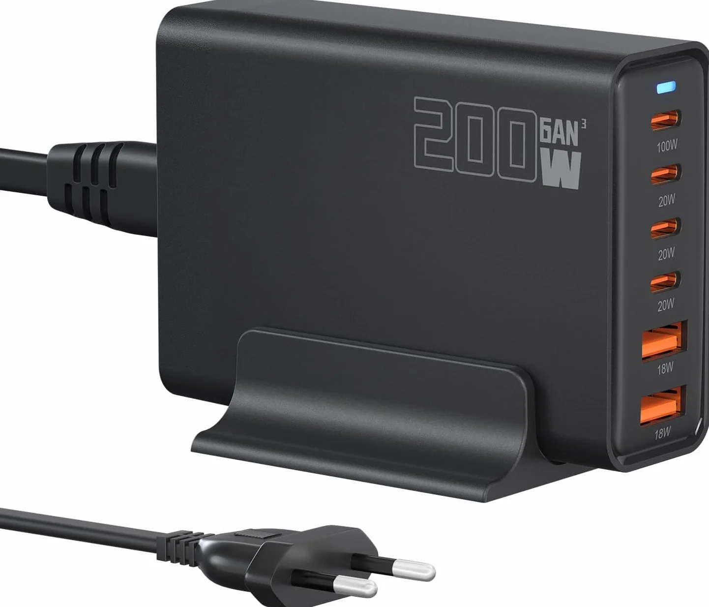 Caricatore USB C da 200 W, PD 100 W, caricatore rapido a 6 porte, stazione di ricarica GaN-III, alimentatore compatibile con MacBook Pro/Air, Dell XPS, iPhone 15/16/14/Pro, Samsung, Xiaomi, iPad