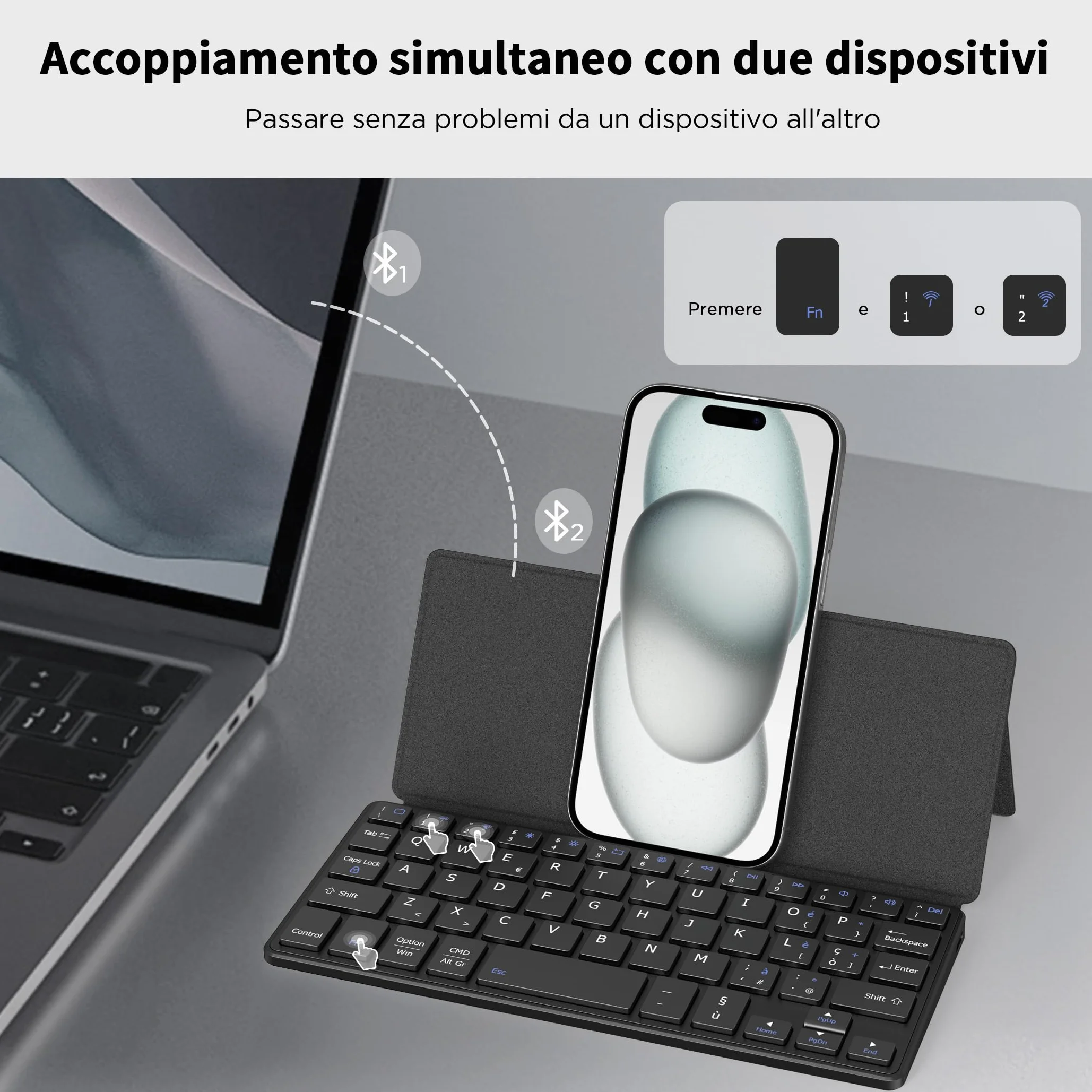 CACOE Tastiera Bluetooth Con Supporto, Mini Portatile Super Leggero, Pieghevole, A Doppio Canale per Cellulare, Smartphone e Altro iOS Android Windows, Nero