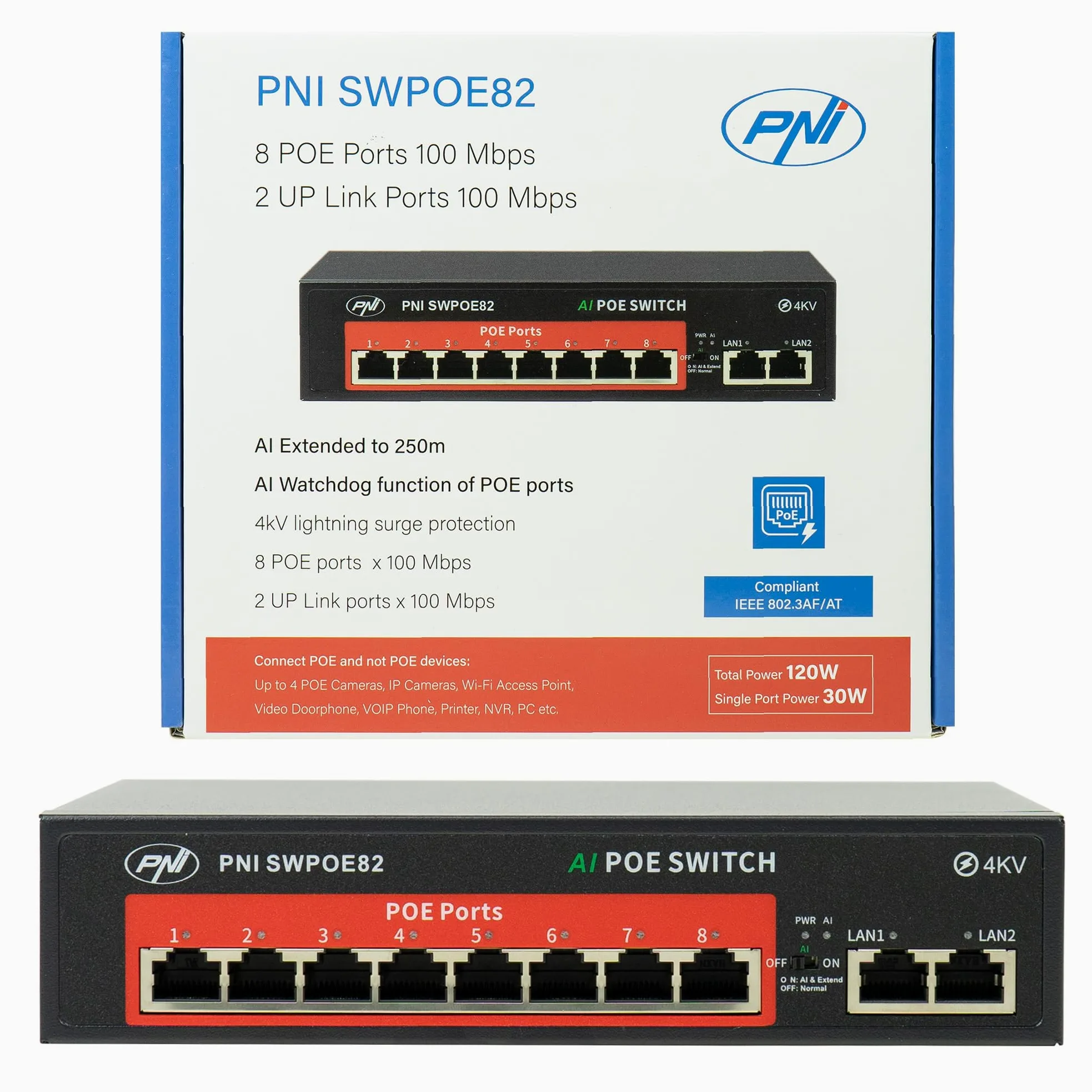 Switch POE SWPOE82 PNI, 8 porte POE da 100 Mbps e 2 porte UP Link da 100 Mbps, 120 W, funzione AI Extend fino a 250 m, protezione contro i fulmini da 4 kV