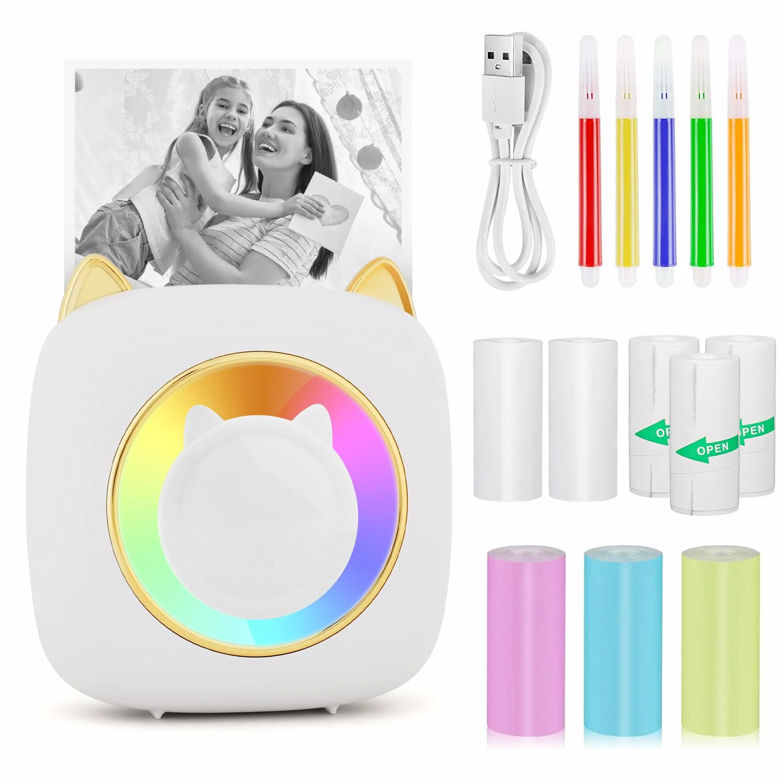 GuKKK Mini Stampante Fotografica, Mini Stampante Termica con LED colorati, Stampante Fotografica Istantanea Portatile, Mini Stampante Termica Bluetooth Ricarica USB, per Note, Diario, Elenco