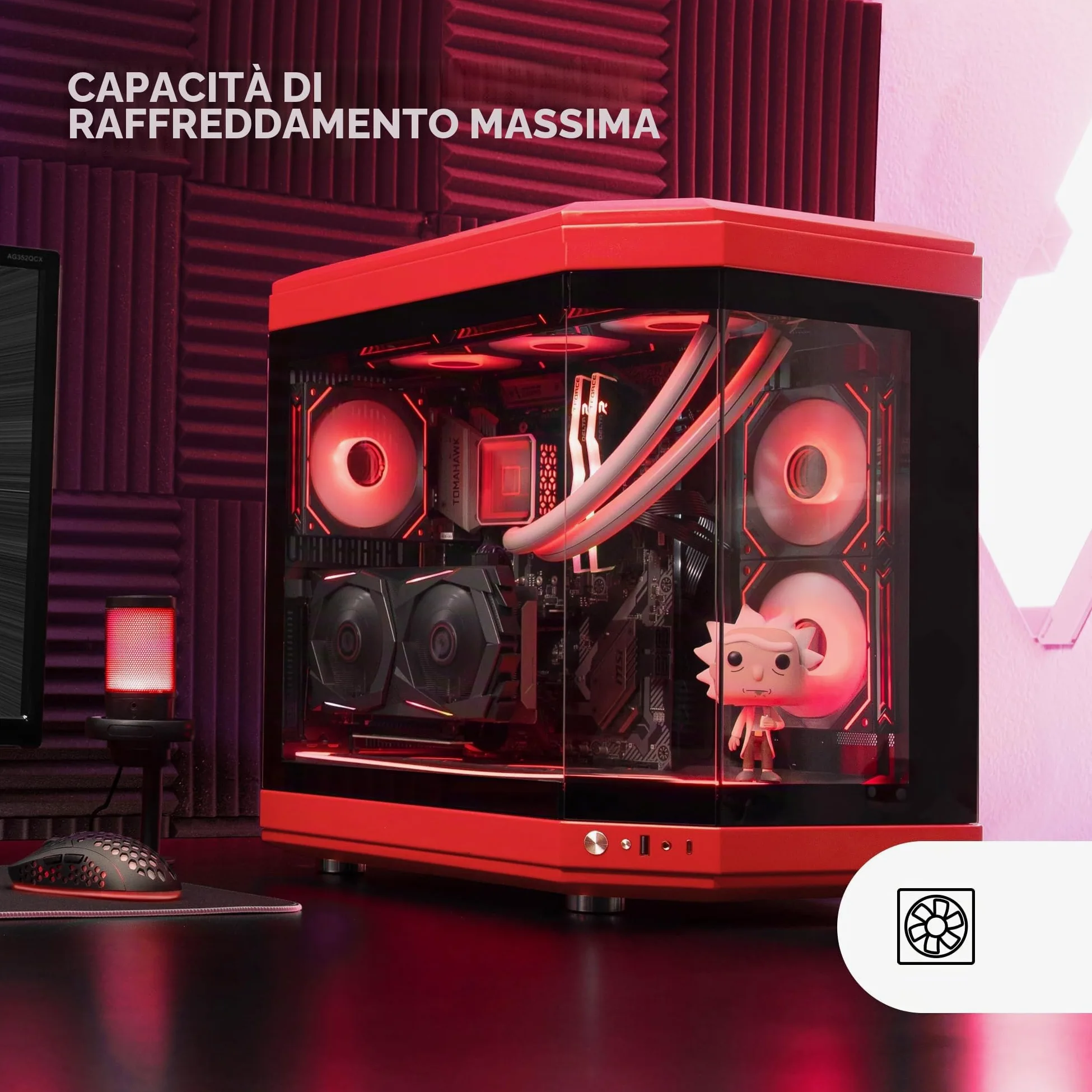 Mars Gaming MC-3T, Case Gaming Custom ATX, Vetro Temperato Continuo Tripla Finestra, Supporto Raffreddamento Liquido Completo, Doppia Camera Laterale, 3x Slot PCI Verticali, USB-C e USB 3.0, Rosso