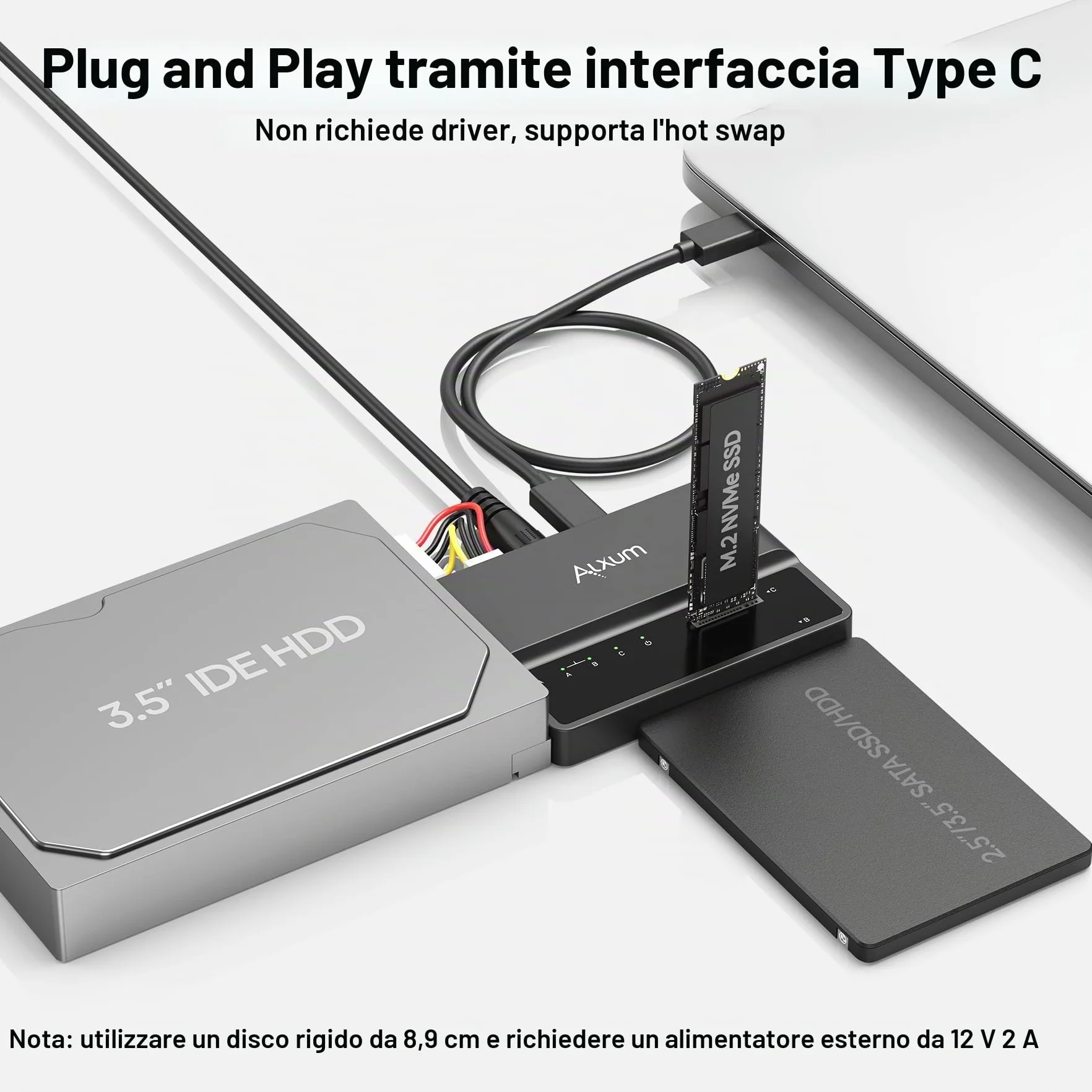Alxum SSD Enclosure IDE M2 NVME e adattatore per HDD e SSD, adattatore da 10Gbps USB TypeC a M.2 e SATA3 e IDE per PCIe/Nvme e HDD/SSD