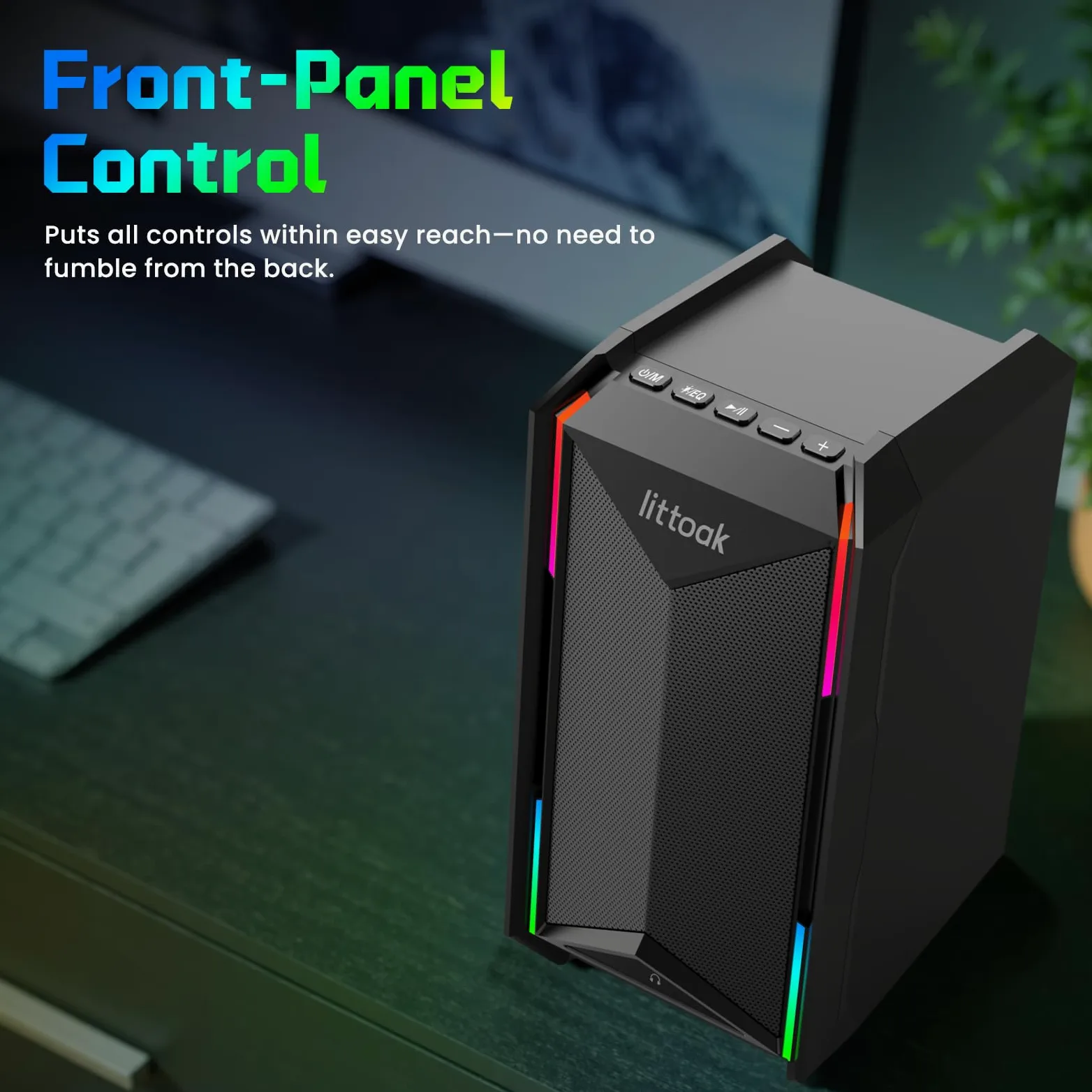 LITTOAK Altoparlanti per computer per musica e giochi, altoparlanti alimentati con adattatore CC per PC desktop o laptop, altoparlante desktop Bluetooth 5.3, 10 modalità RGB, ingresso AUX da 3,5 mm