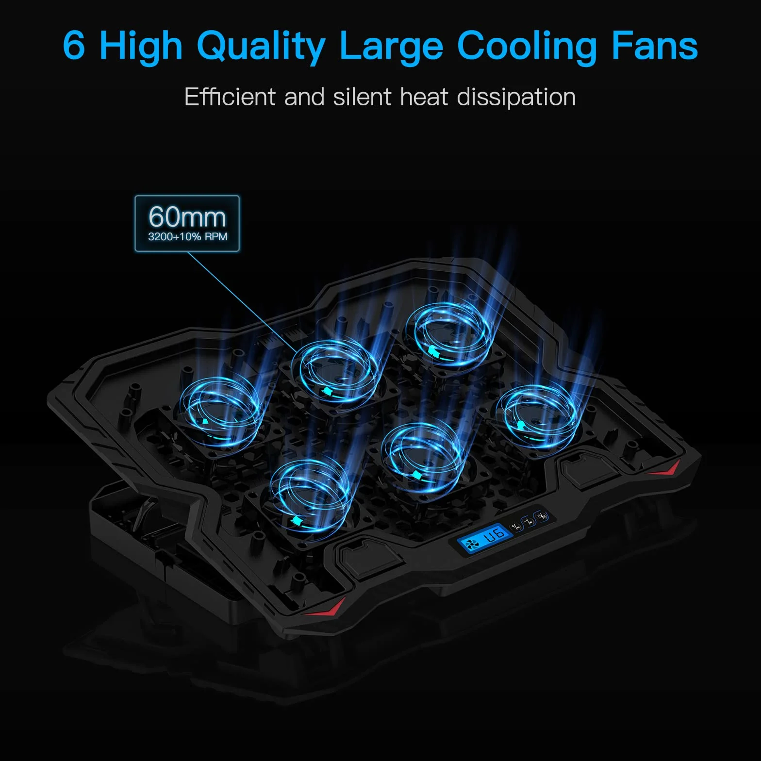 MATEPROX Base di Raffreddamento per PC Portatile, Ventola Pc per Portatile da Gioco RGB per Laptop 15,6-17,3" con 6 Ventole Silenziose Blu e Schermo LCD, 5 Altezze di Regolazione, 1 Supporto Telefono