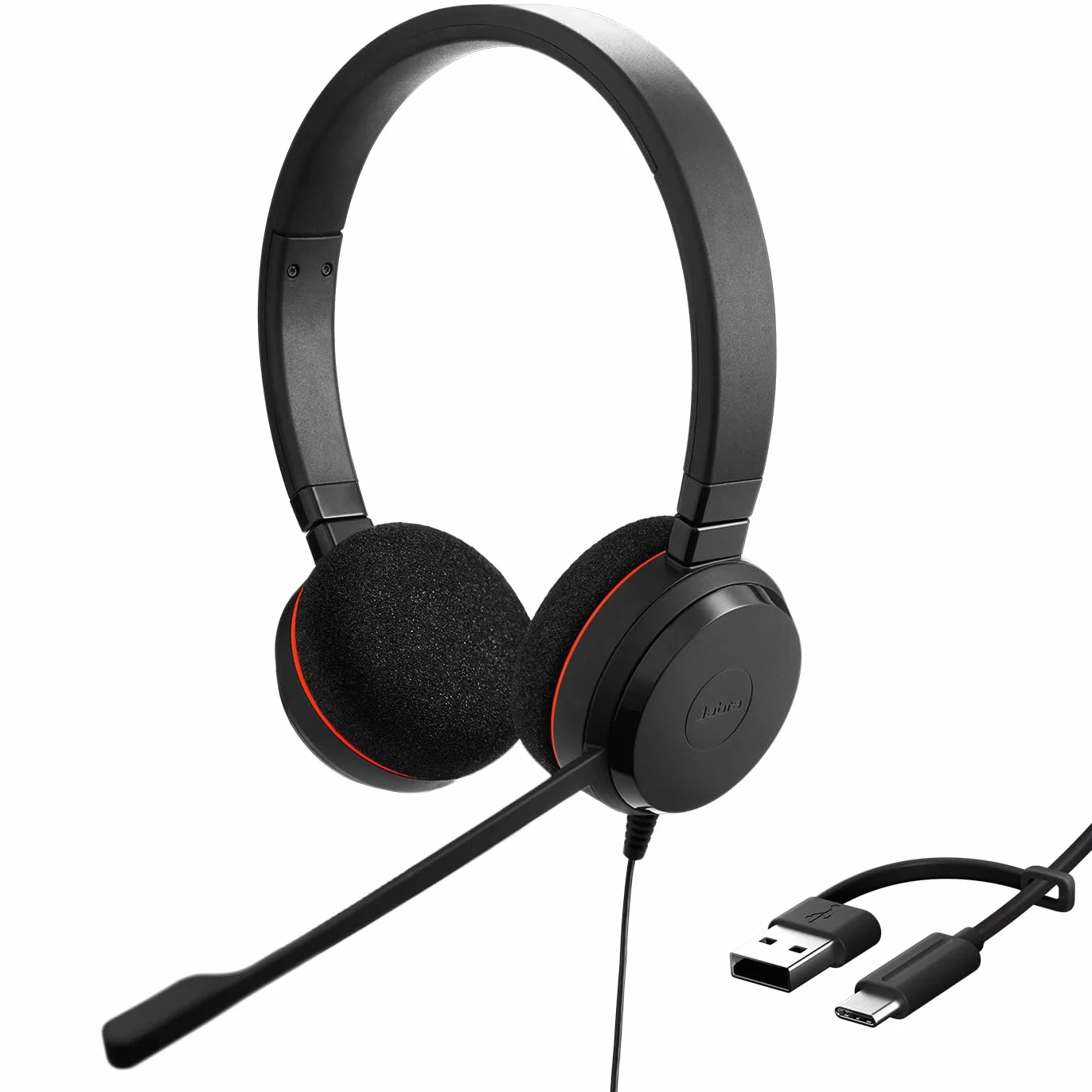 Jabra Evolve 20 - Cuffie stereo certificate Microsoft per softphone VoIP con cancellazione passiva del rumore, USB-C/A, colore nero