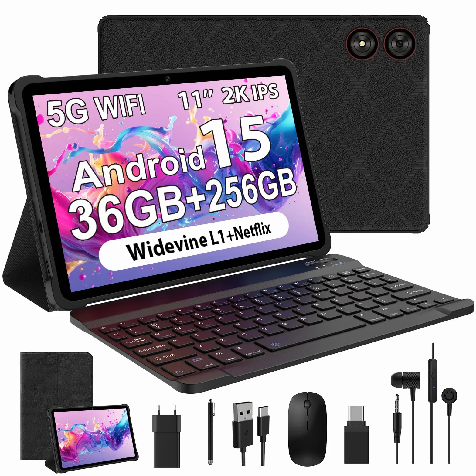 11 Pollici Android 15 Tablet, 5G WiFi, Tablet in Offerta Octa-Core, 36GB RAM+256GB ROM (1TB TF), Widevine L1/8+13MP/8000mAh/GMS/GPS, con Tastiera+Mouse (Nero)