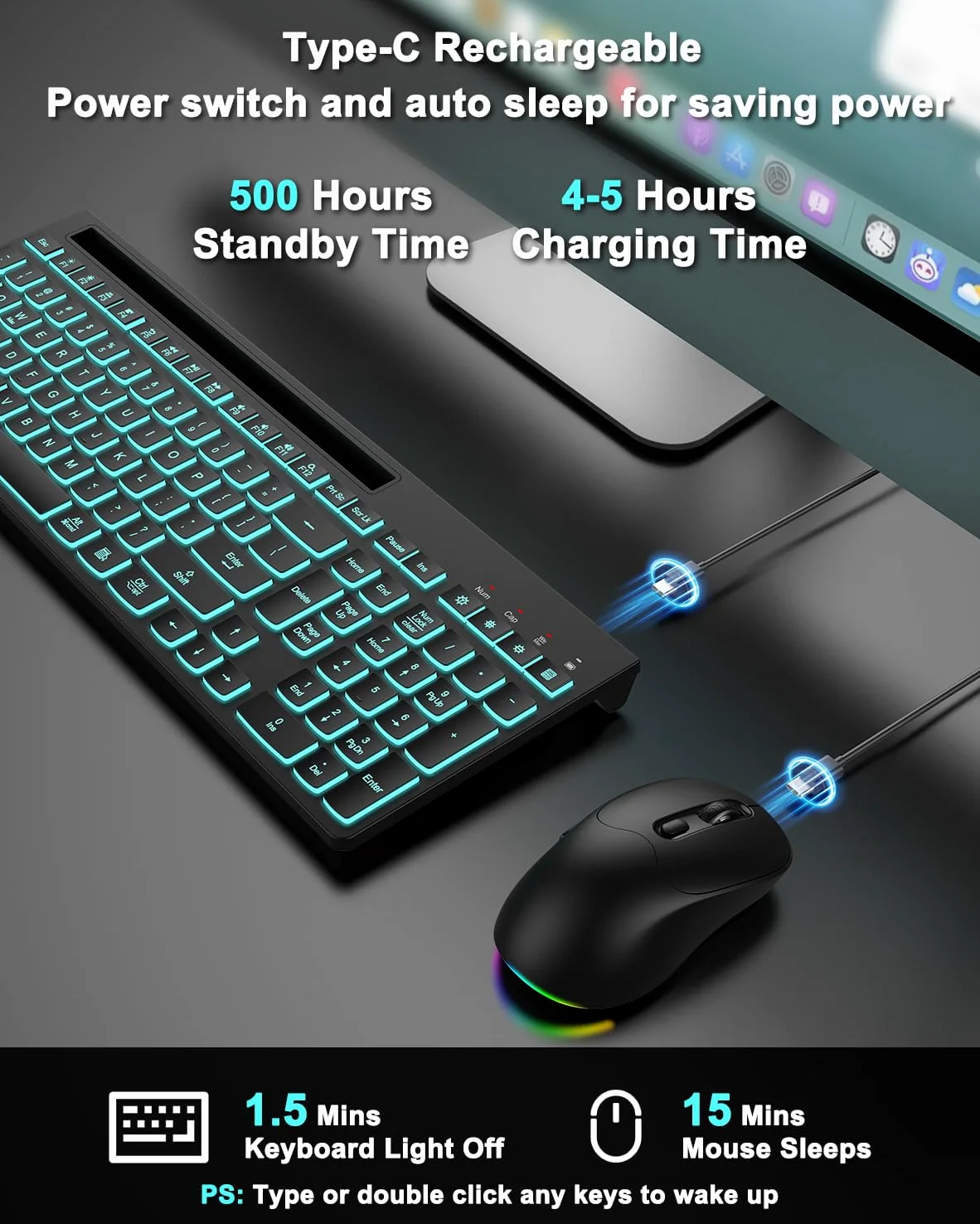 Tastiera wireless e mouse combinata, 7 effetti retroilluminati, lettere illuminate, ricaricabile, supporto per telefono, mouse a 6 pulsanti, angolo di inclinazione ergonomico, mouse USB silenzioso da