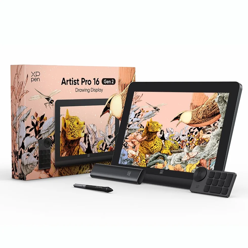 XPPen Artist Pro 16 (Gen 2) Tavoletta grafica con schermo completamente laminato da 16", Penna passiva a 16K levelli di pressione, 159% sRGB, telecomando di scelta rapida wireless, Supporto pieghevole
