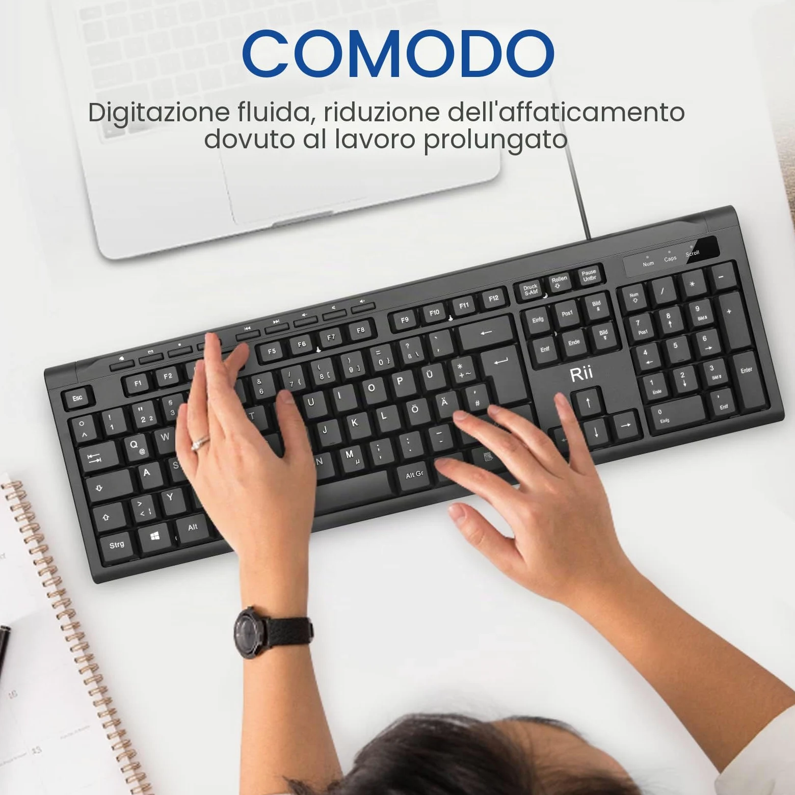Rii RK907 Wired Tastiera USB per Mac/PC/Tablet/Windows/Android/Microsoft, Layout Tedesco QWERTZ, Nero
