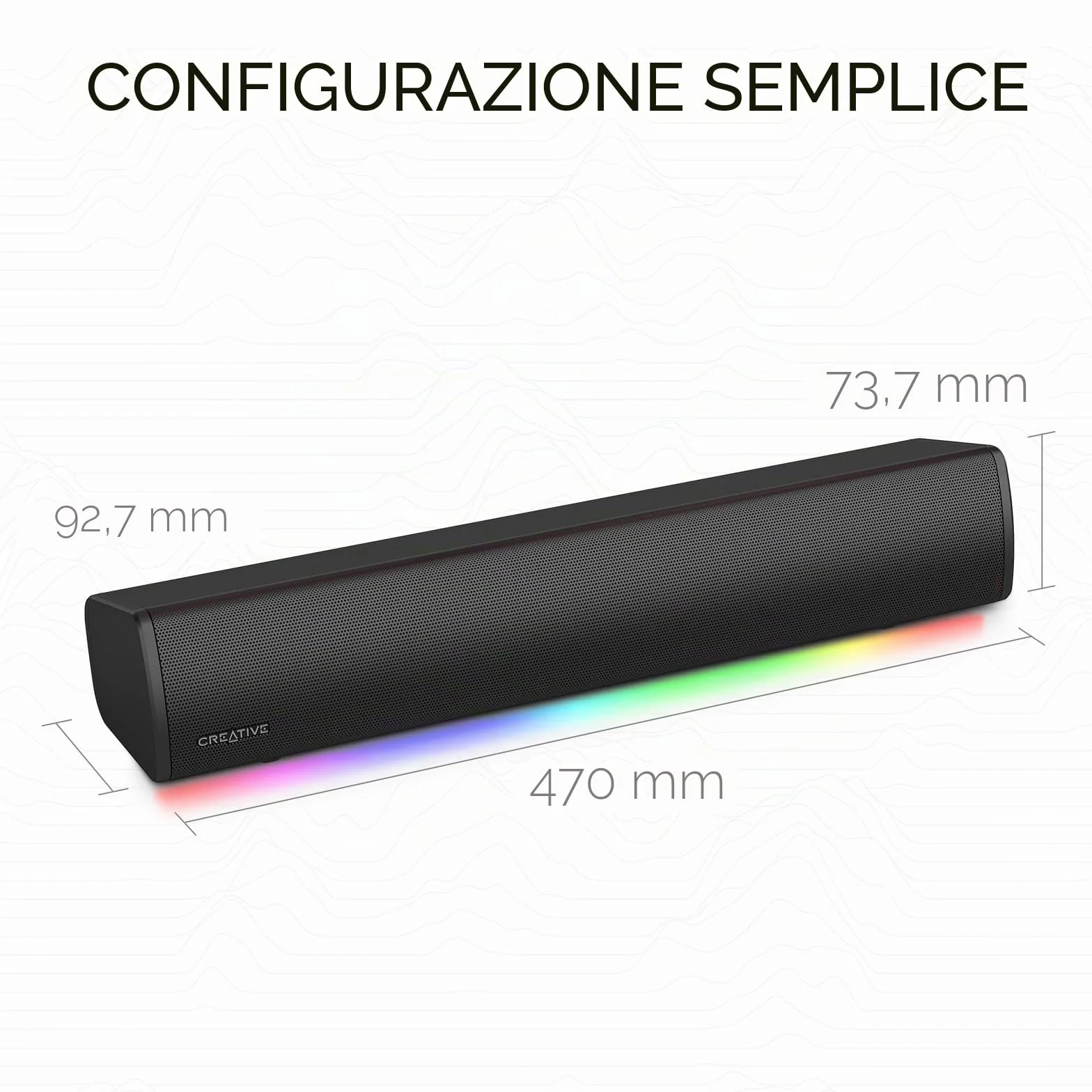 Soundbar compatta da gaming Sound Blaster GS3 con RGB e tecnologia SuperWide, alimentata tramite USB, Bluetooth 5.4, porta di uscita cuffie