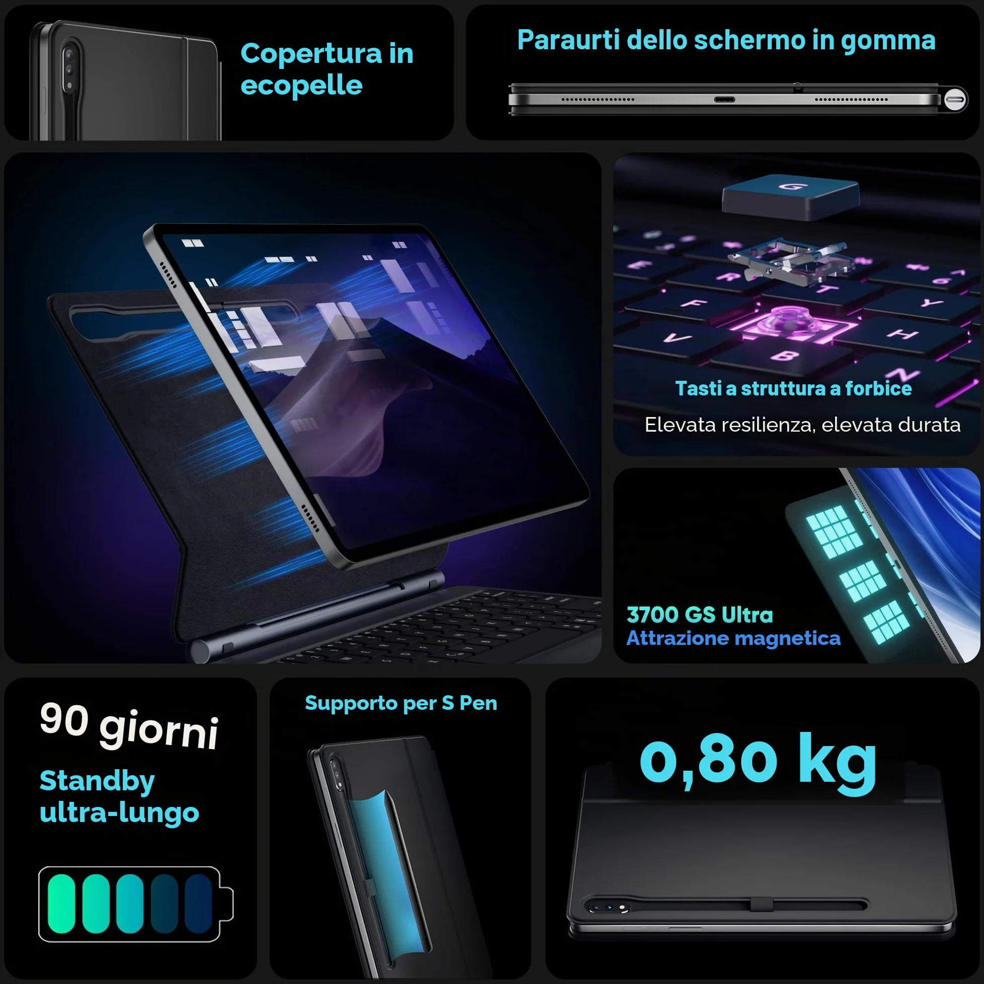 doqo Custodia tastiera per Samsung Galaxy Tab S10+ Plus/S9+/S9 FE+/S8+/S7+/S7 FE 12,4 pollici Custodia magnetica con tastiera, touchpad retroilluminazione, supporto in cantilever fluttuante (Nero)