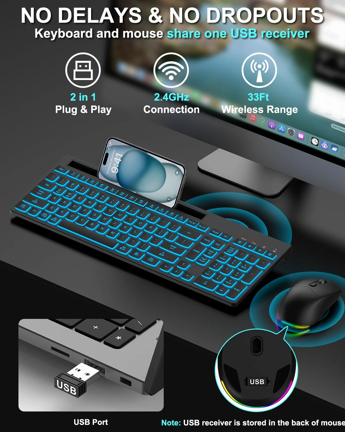 Tastiera wireless e mouse combinata, 7 effetti retroilluminati, lettere illuminate, ricaricabile, supporto per telefono, mouse a 6 pulsanti, angolo di inclinazione ergonomico, mouse USB silenzioso da