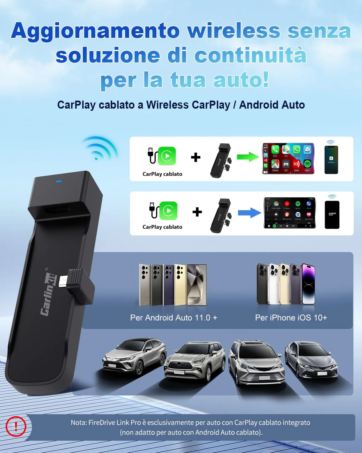 Carlinkit CarPlay e Android Auto, FireDrive Link Pro con HDMI per Fire TV Stick, dongle wireless e convertitore TV auto per CarPlay con cavo OEM, Plug