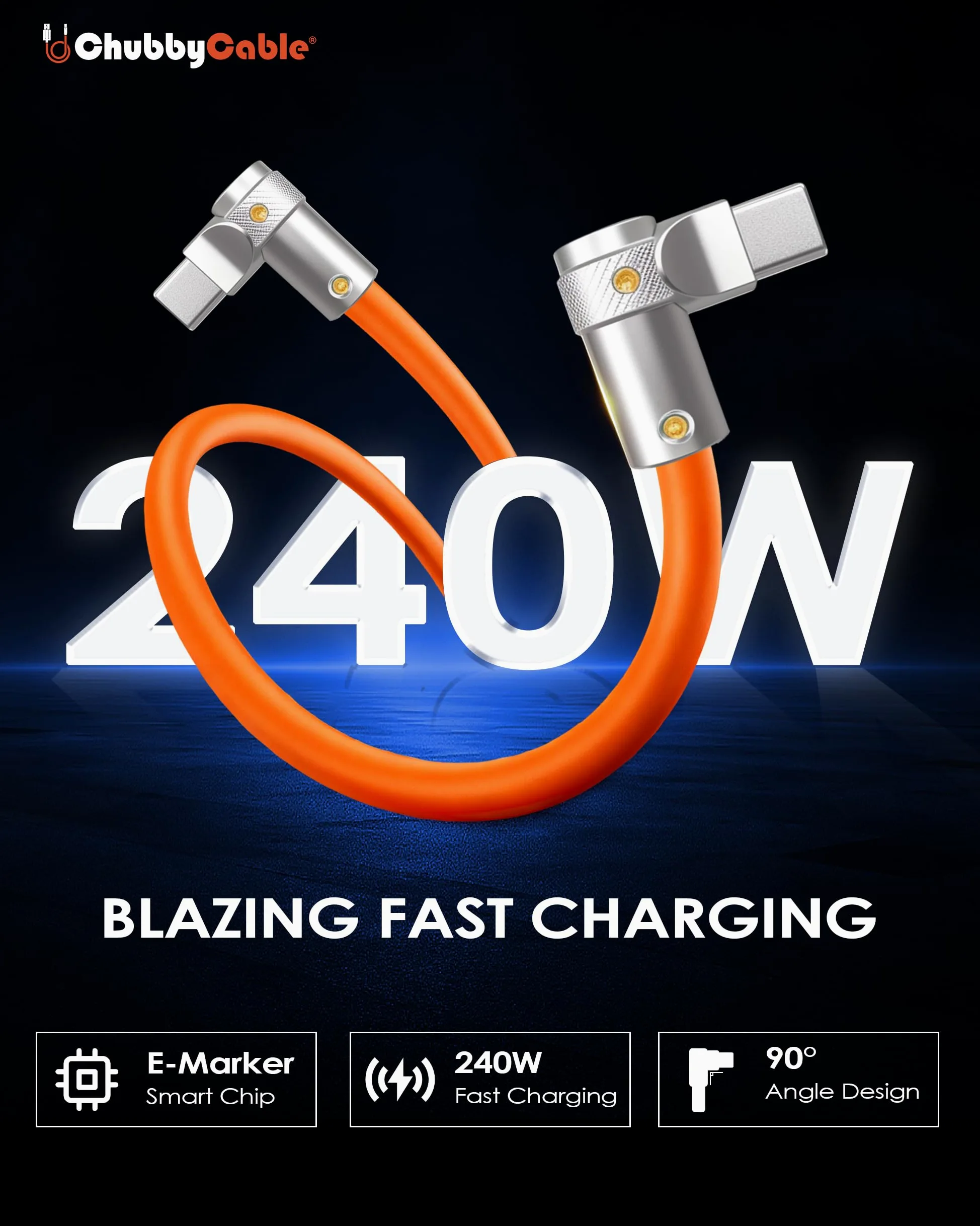 chubbycable FlexElbow - Cavo di ricarica rapida a 90 gradi, 240 W, ad angolo retto, cavo di ricarica USB C, in silicone, compatibile con iPhone serie 17-15, iPad, nero, da tipo C a tipo C, 4 m