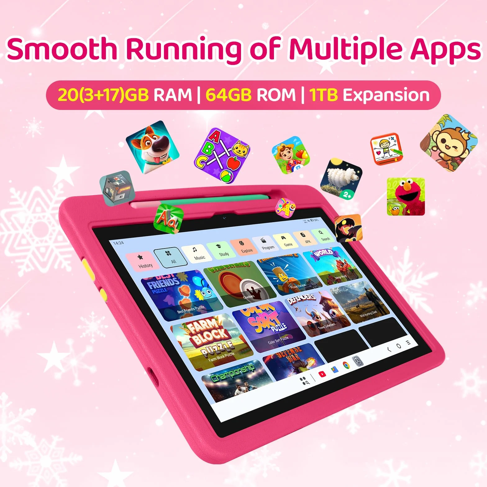 Tablet Bambini Android 16 Pollici 10, 20GB RAM 1TB TF, Batteria 6000mAh, WiFi 6/BT 5.3 - Rosa