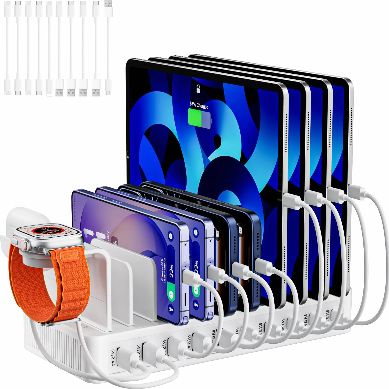 Stazione di Ricarica USB C 100 W con 10 Cavi e Supporto Orologio per iPhone Samsung Tablet