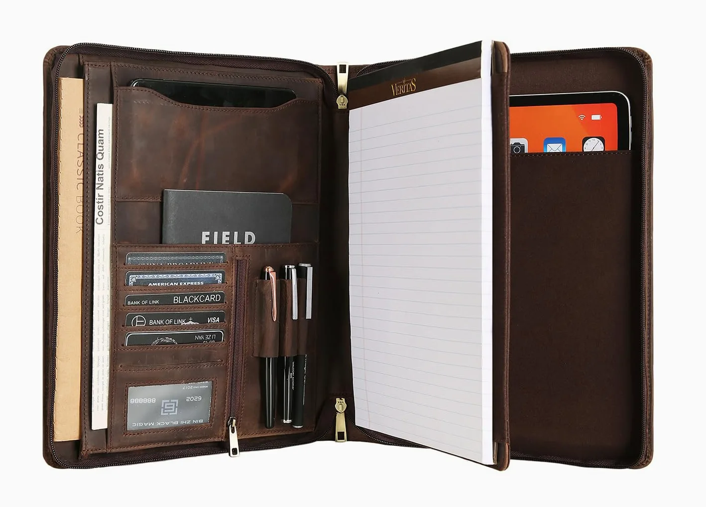 Portadocumenti fatto a mano in vera pelle per iPad/documenti, business padfolio con porta blocco note in pelle A4, cartella compatta in pelle per conferenze per uomini e donne, cachi scuro