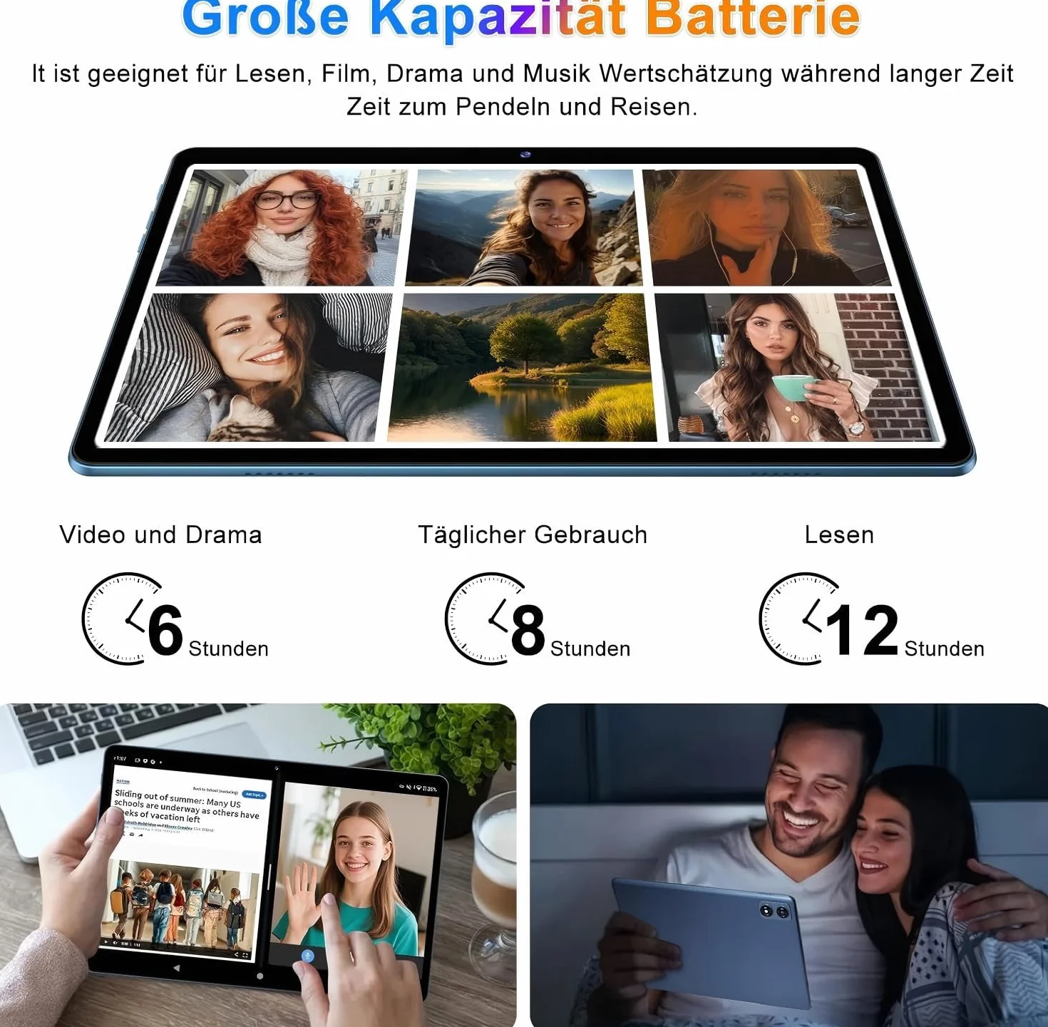 fezawio Android 14 Tablet 10 pollici 22 GB RAM + 128 GB ROM Octa-Core Tablet 5G WiFi, con tastiera mouse, 8000 mAh, (1TB TF) con collina-blu