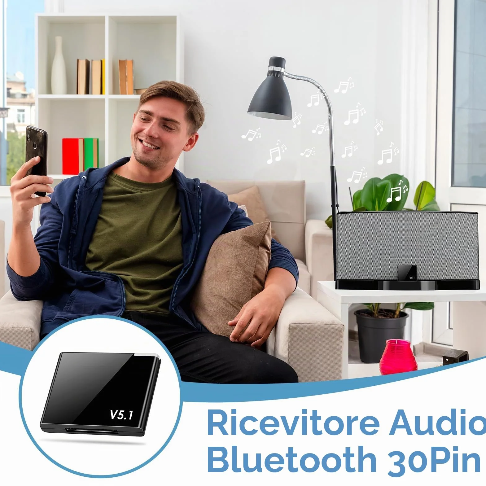 Adattatore Bluetooth 5.1 30 pin per Bose e altri dispositivi con AptX e connessione stabile fino a 20 metri, adattatore Bluetooth per auto e catena Hi-Fi