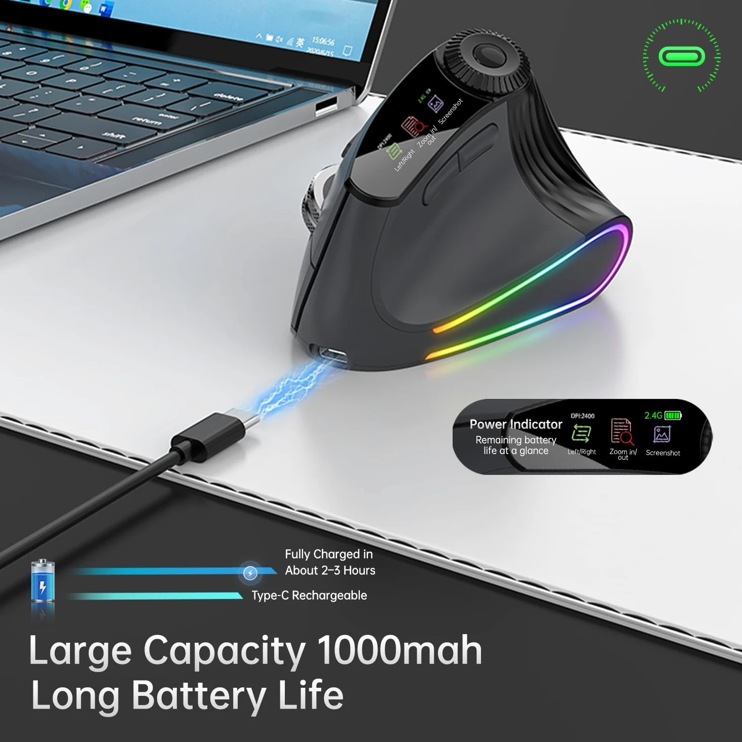 Mouse verticale ergonomico senza fili, ricaricabile Bluetooth ultraveloce scorrimento 4800 DPI, mouse Ergo 2.4G silenzioso clic 6 pulsanti mouse ottici RGB, 3 connettività multi-dispositivo