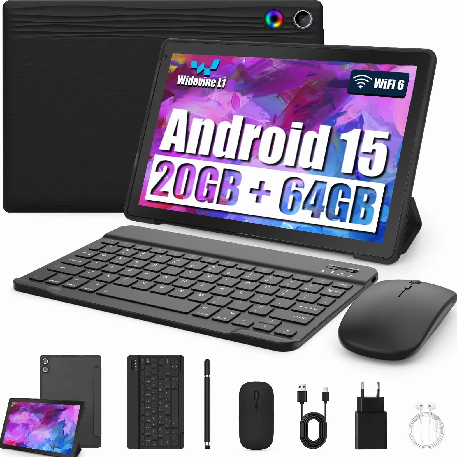 Tablet 10 Pollici Kit 8-in-1 Android 15 Tablet PC con Custodia, Tastiera, Mouse, Penna, Cuffie, Alimentatore, Cavo, Octa-Core, 20 GB RAM, 64 GB ROM, Espandibile 1TB,Display IPS 1280x800,5000 mAh(Nero)