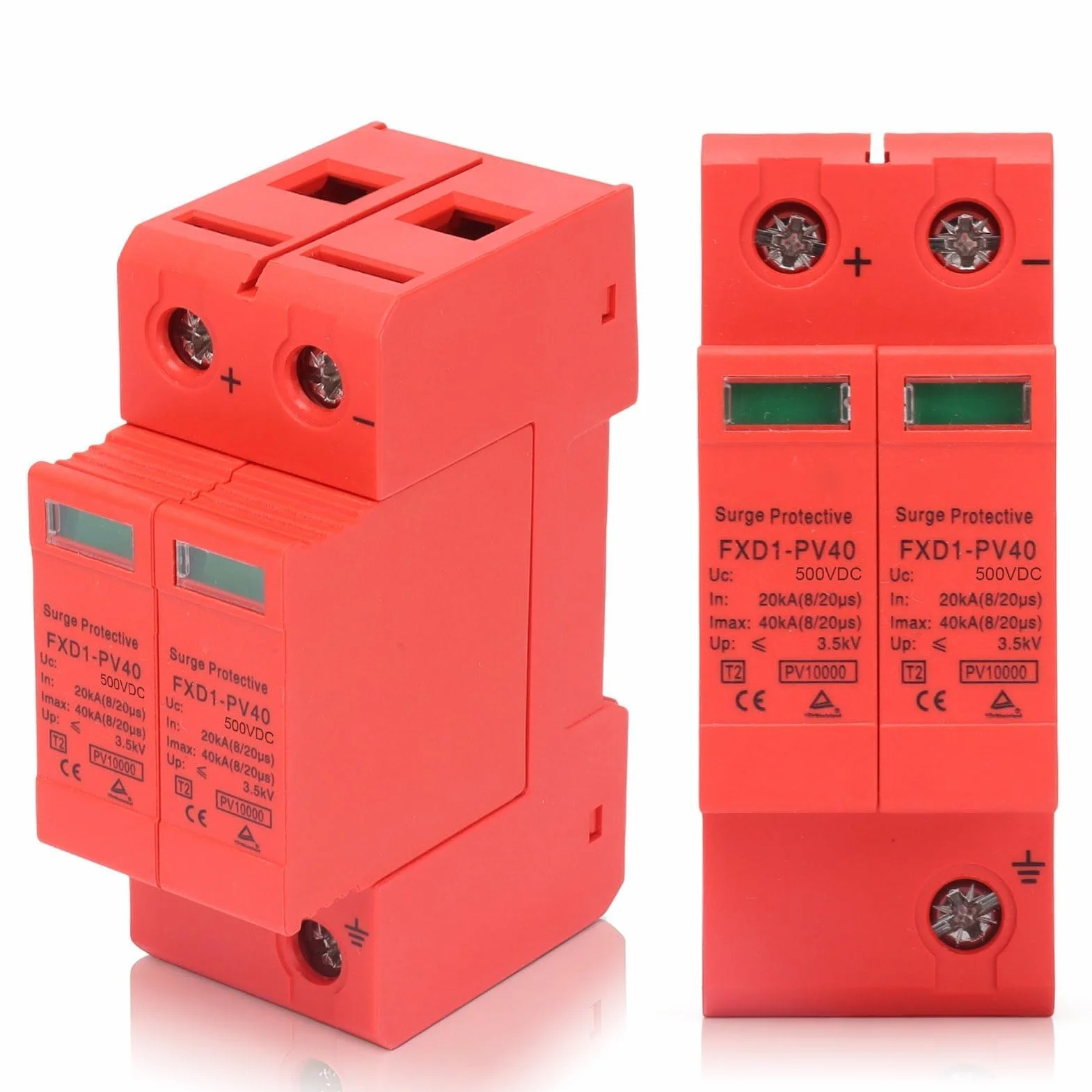 Scaricatore Fotovoltaico CC 2P 40KA, Fotovoltaico Parafulmini Scaricatore Bassa Tensione, FXD1‑PV40 Dispositivi Protezione SPD Per Installazione Su Rotaia Mantenimento Dell'alimentazione(CC 500 V)