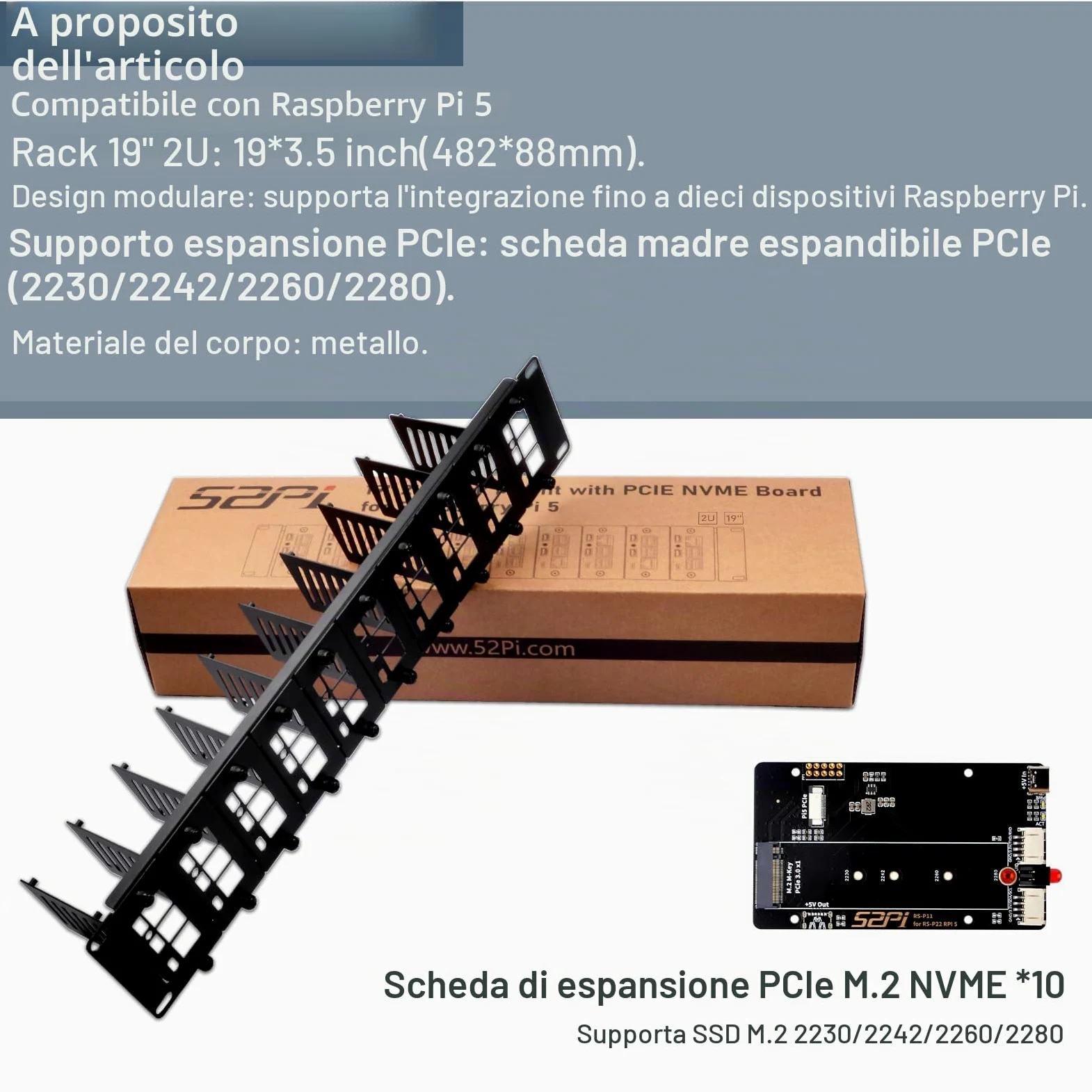 GeeekPi Supporto rack 2U da 19" per Raspberry Pi 5, con 10 adattatori SSD PCIe a M.2 NVMe, può contenere fino a 10 schede Raspberry Pi 5/4B, compatibile con server rack da 19"