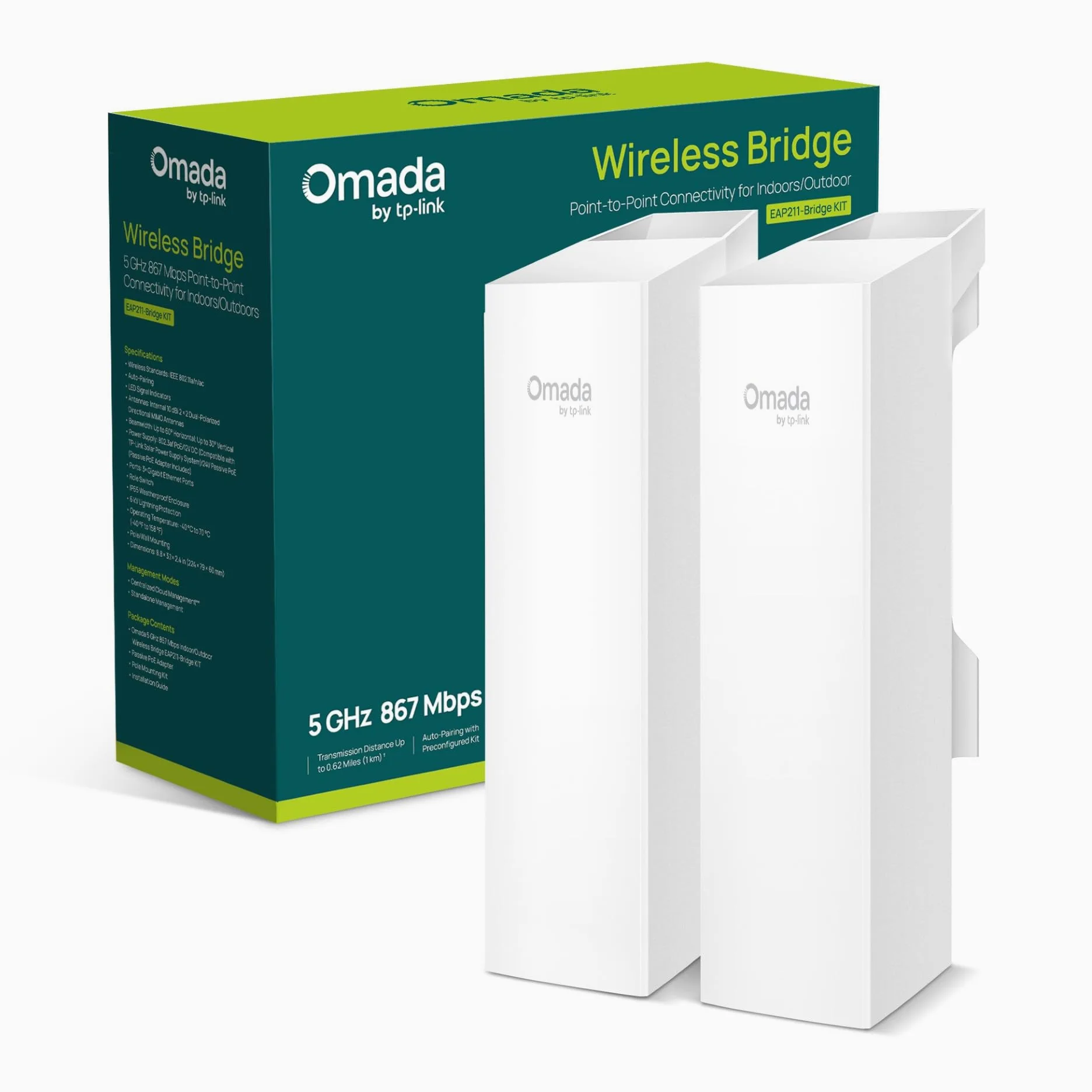 TP-Link KIT EAP211-Bridge, Ponte Wireless Point to Point Omada 3 Porte Gigabit, Outdoor & Indoor, 1KM Long Range, PtP & PtMP, 1KM Long Range, PoE o DC Powered, gestione centralizzata, Preconfigurato