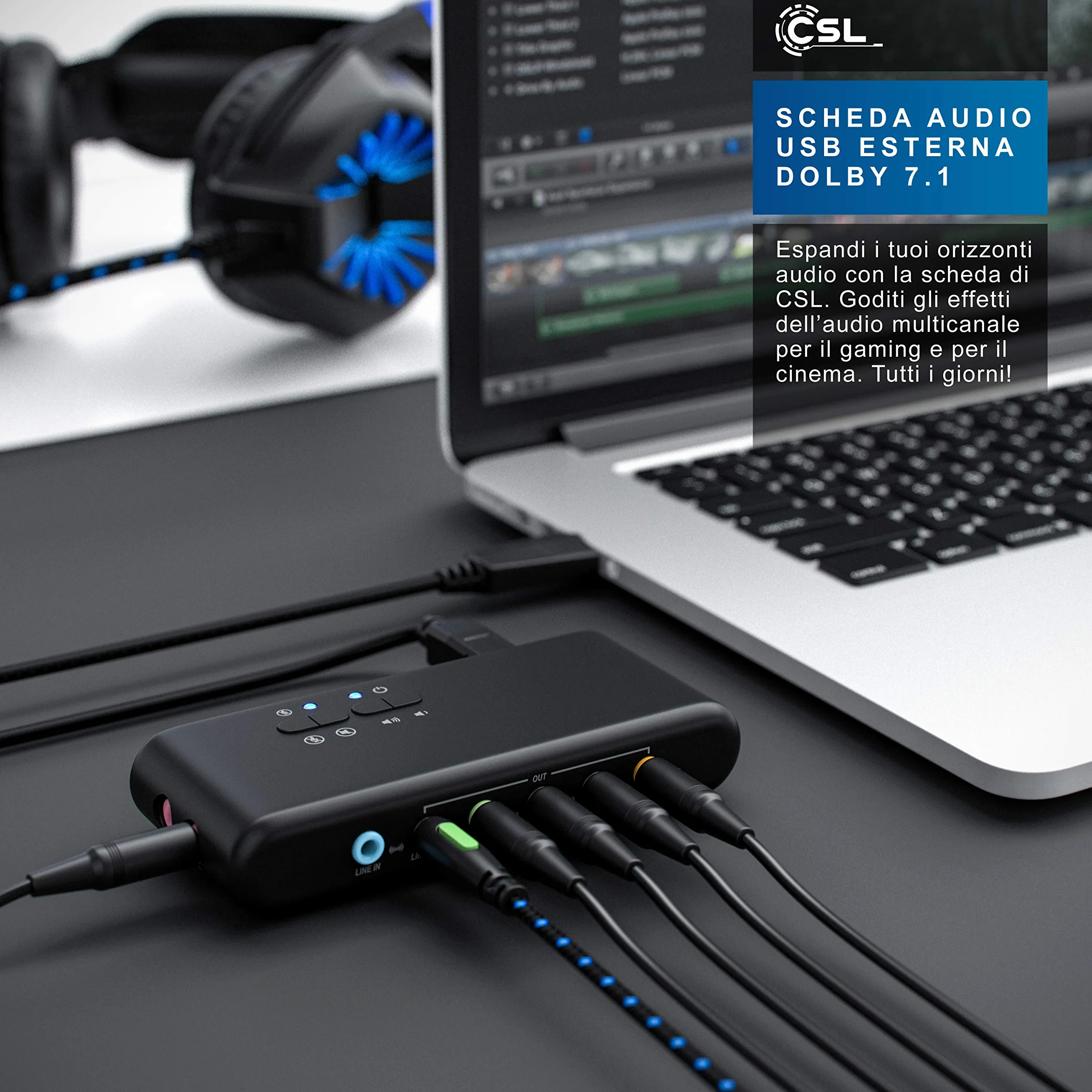 CSL - Scheda audio USB esterna DTS Dolby 7.1 compatibile Win 8 uscite - 2 x MIC IN - Registrazione e riproduzione contemporanea - 1x SPDIF IN e OUT - LINE IN e LINE OUT Jack da 3,5mm