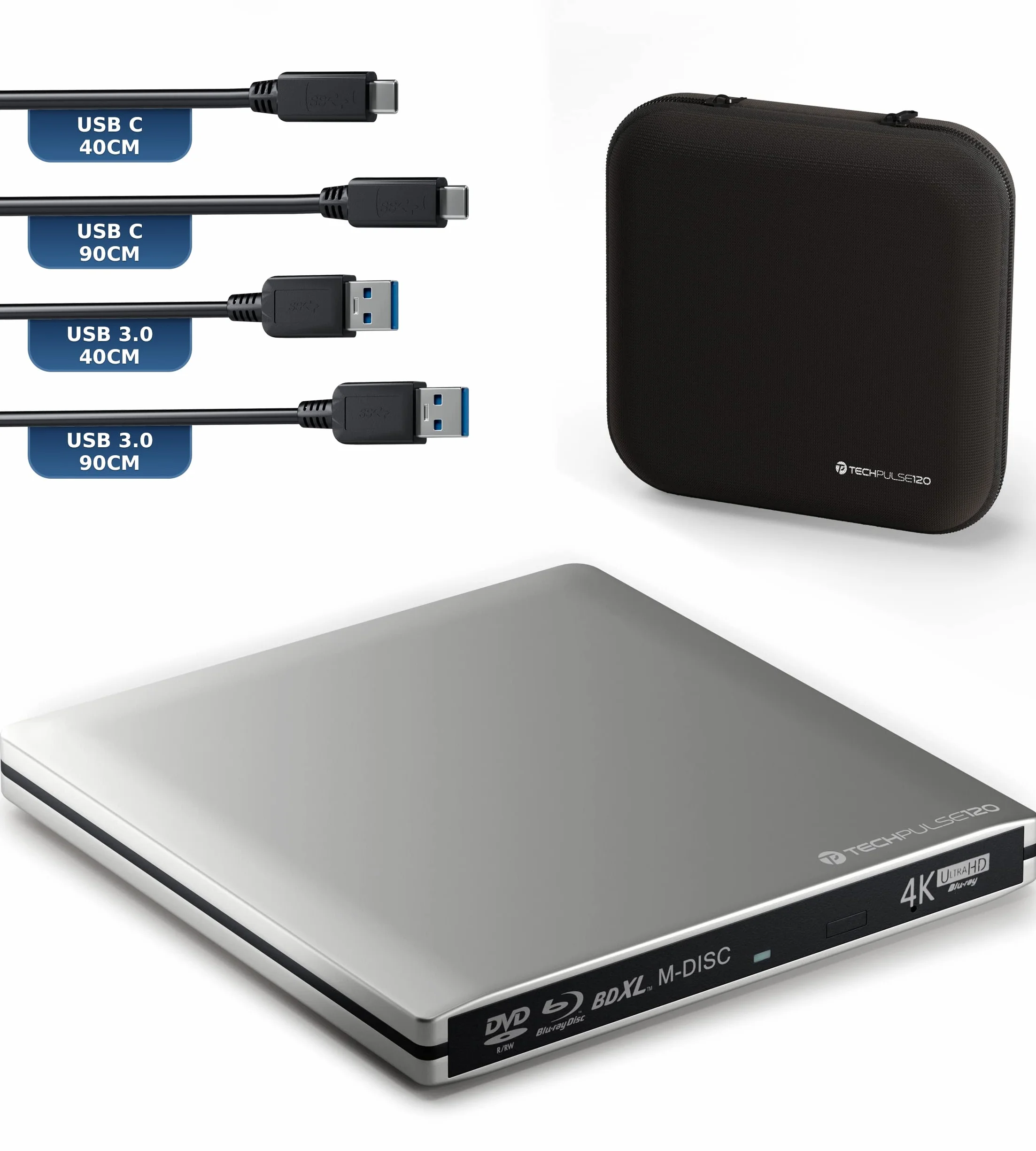 techPulse120 Masterizzatore esterno USB 3.1 USB-C UHD 4k 3D M-DISC Blu-ray DVD CD BDXL HDR10 128GB masterizzatore Burner Superdrive BD Imperator borsa 90 cm cavo alluminio Argento