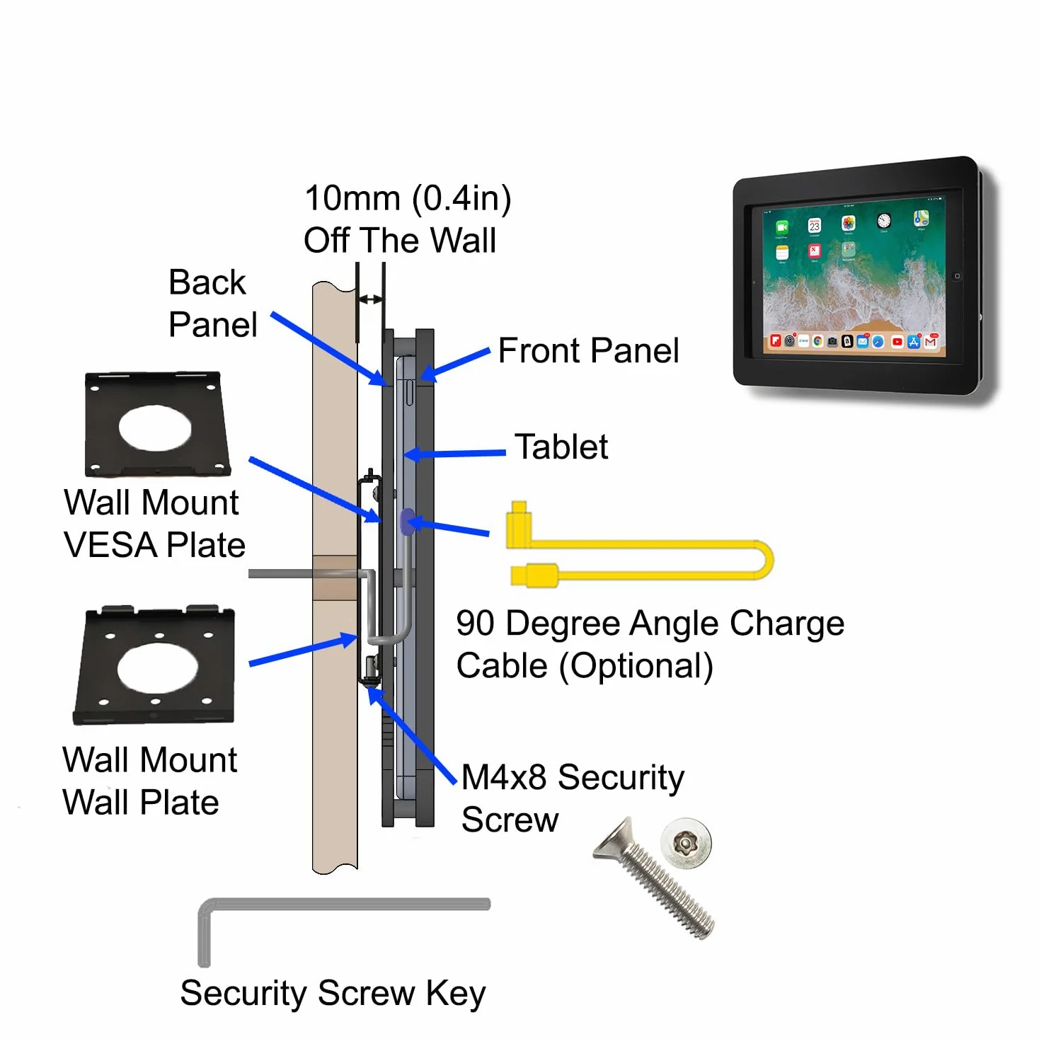 Enclosure VESA antifurto in acrilico per Apple iPad Pro 11" 2024 (5a generazione) con kit di montaggio a parete gratuito e cavo USB C ad angolo di 90 gradi (iPad Pro 11 2024, nero)