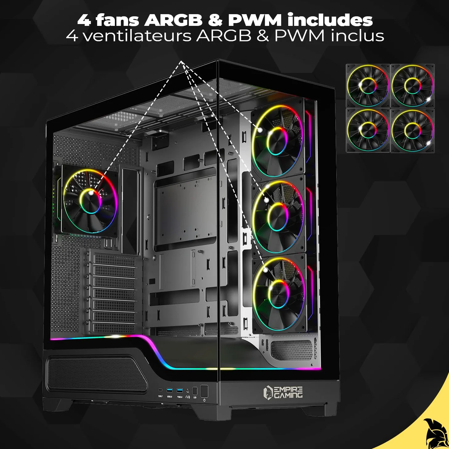 EMPIRE GAMING EC259 - Case PC Gaming Mid Tower spazioso ATX/mATX/ITX, Doppio Vetro Temperato Panoramico, ARGB Integrata (Striscia LED + 4 Ventole 120 mm + HUB PWM), GPU XXL 440 mm, AIO 360 mm, USB-C