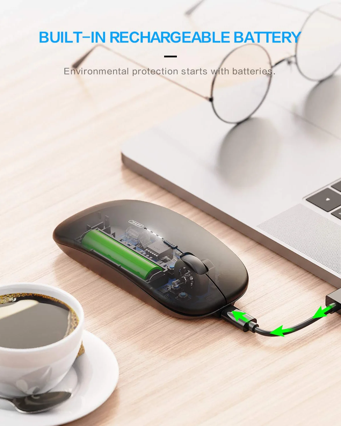 INPHIC Mouse wireless ricaricabile, ultra sottile 2.4G silenzioso mouse senza fili ottico 1600 DPI con ricevitore USB per laptop, MacBook, PC, Windows, ufficio, carica batteria visibile, nero