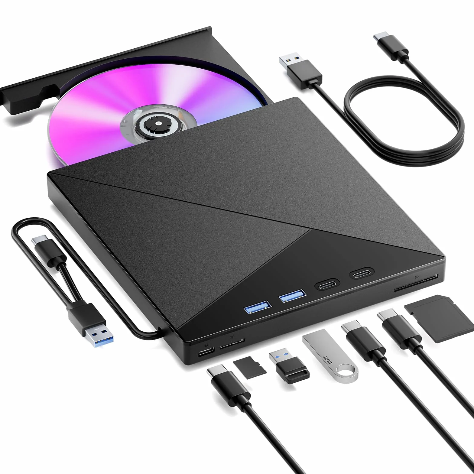 Lettore CD DVD Esterno per PC, Masterizzatore DVD CD Externo, USB 3.0 Type C Lettore CD Esterno con 4 Porte USB e Lettore di Schede TF/SD per Laptop/Desktop/Windows 11/10/8/7/XP/Vista/Linux