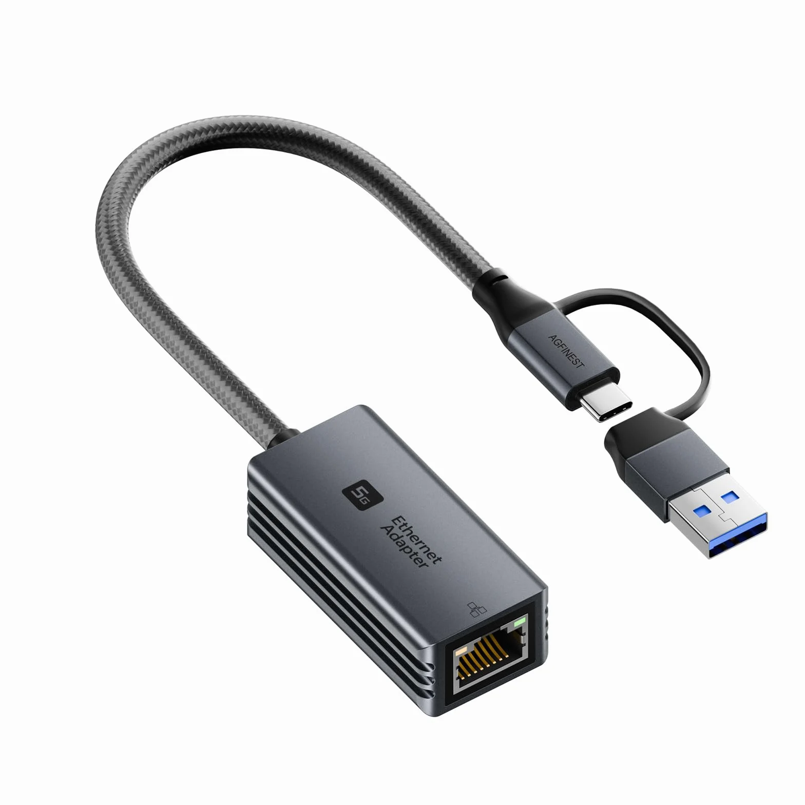 Adattatore 5G da USB C a RJ45 Ethernet, adattatore 2 in 1 USB-A LAN, 5000 Mbit/s | Adattatore di rete compatibile con MacBook, iPad, iPhone 15/16/17, Galaxy, Surface, Windows/macOS/Android