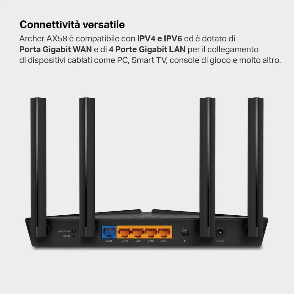 TP-Link Archer AX58 AX3000Mbps Router WiFi 6 Dual-Band, 4 Porta Gigabit, 2402Mbps su 5 GHz e 574Mbps su 2,4 GHz, 4 Antenne Ad Alto Guadagno, Parental Control, Rete Ospiti, QoS, EasyMesh, WPA3, Alexa