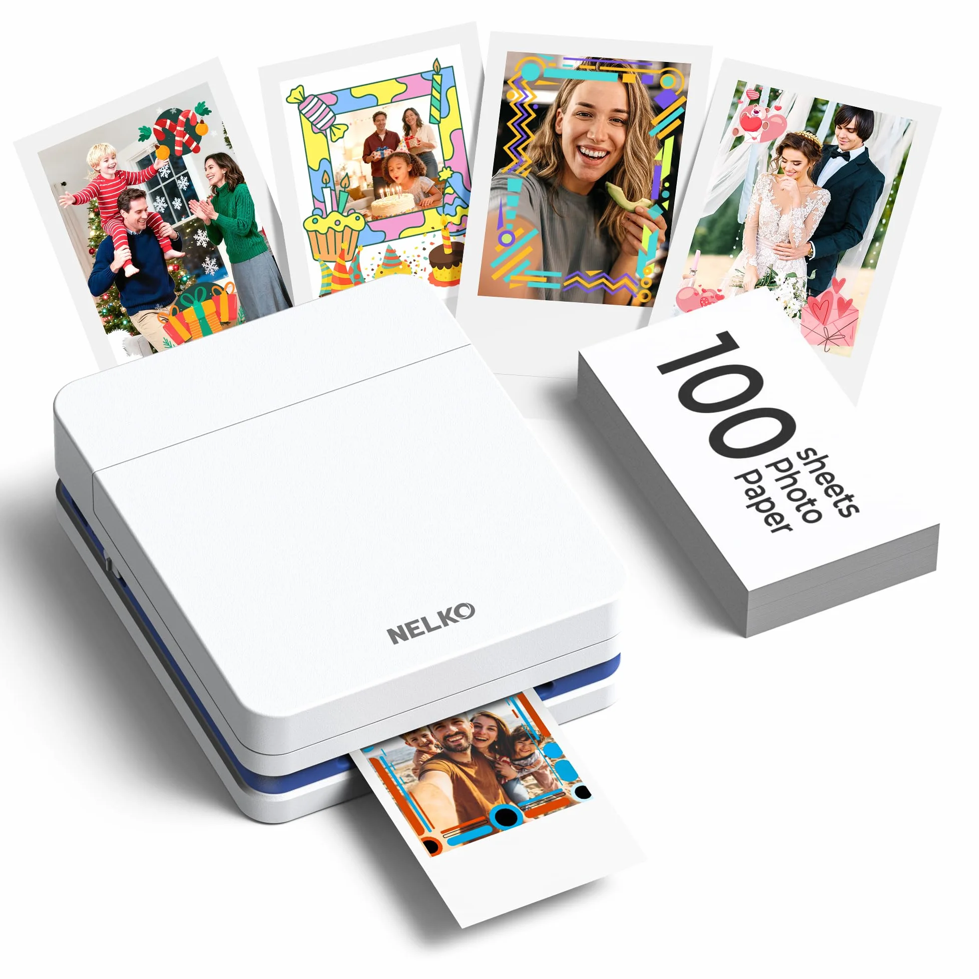 Nelko PP01 Stampante fotografica portatile con 100 fogli di carta e cartuccia d'inchiostro, stampa fotografica istantanea con retro adesivo per iOS/Android, mini stampante tascabile con divertente app