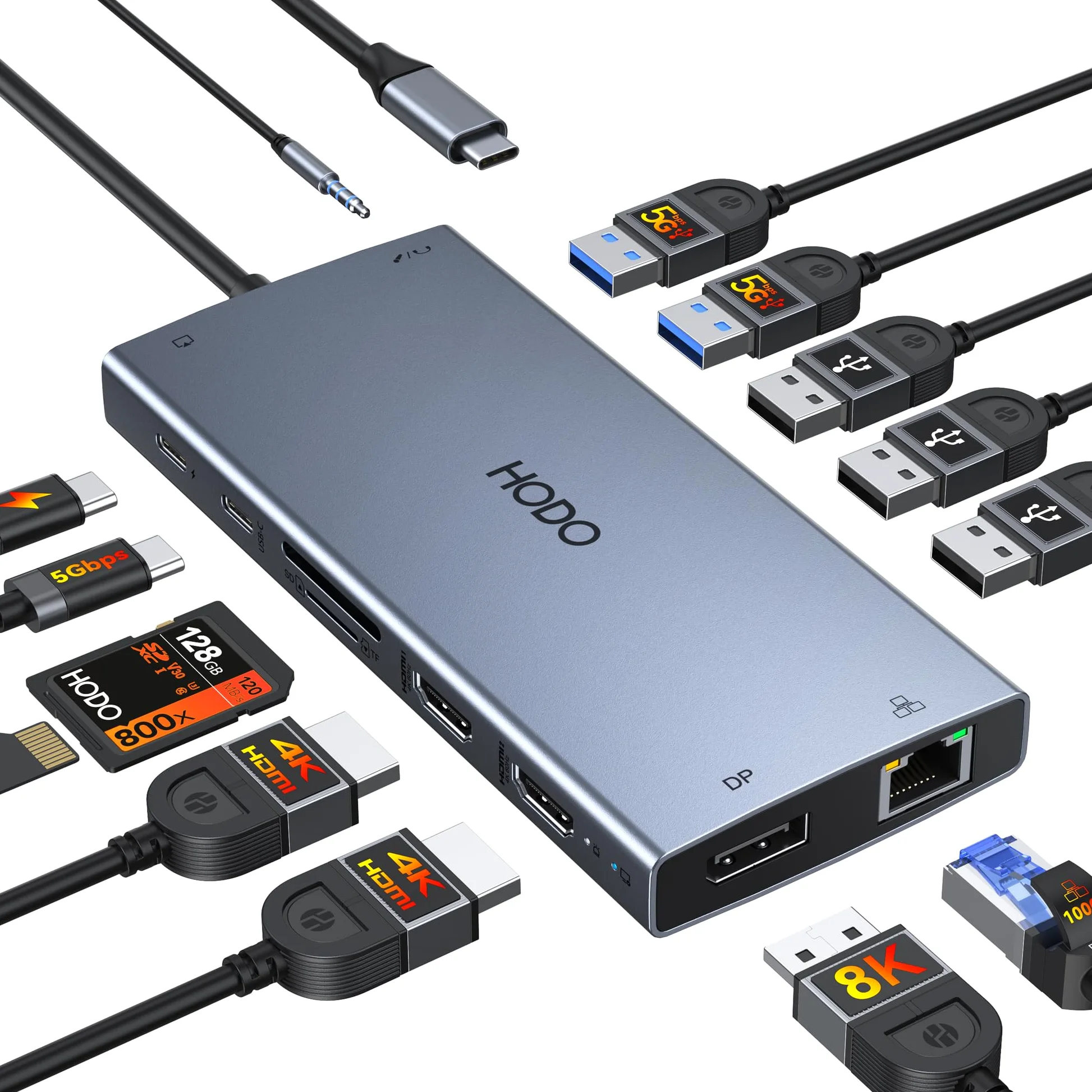 Docking station Laptop 2 Monitor 15 in 1 Docking Station Triple Display, USB C Hub Adattatore con due HDMI, 8K DisplayPort, Ethernet, PD, 5USB, USB C, SD TF Slot per schede, audio e pulsante on/off