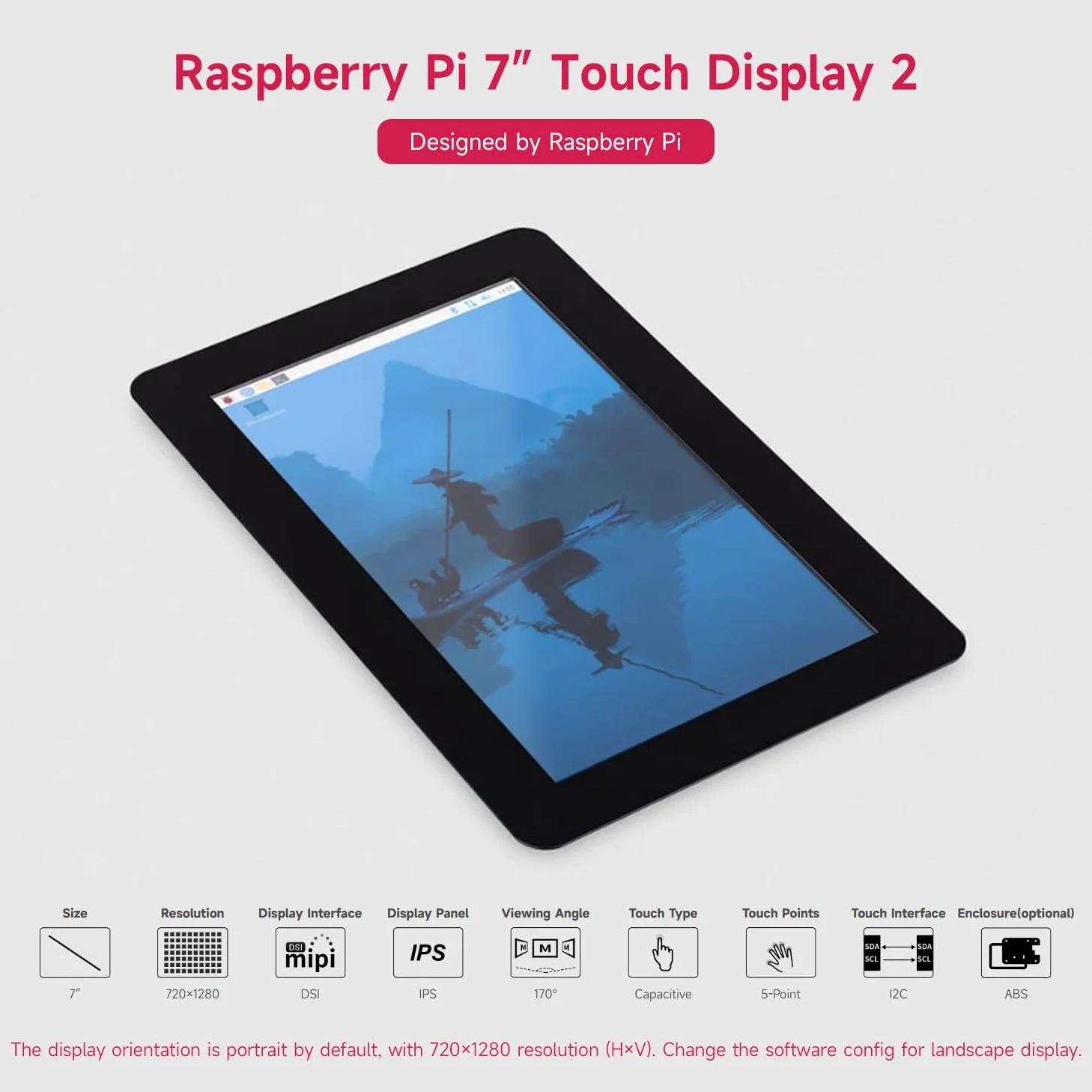 Waveshare Official Pi 7inch Raspberry Pi Touch Display 2 With White Case, 720 x 1280, IPS, DSI Interface, 5-Point Touch