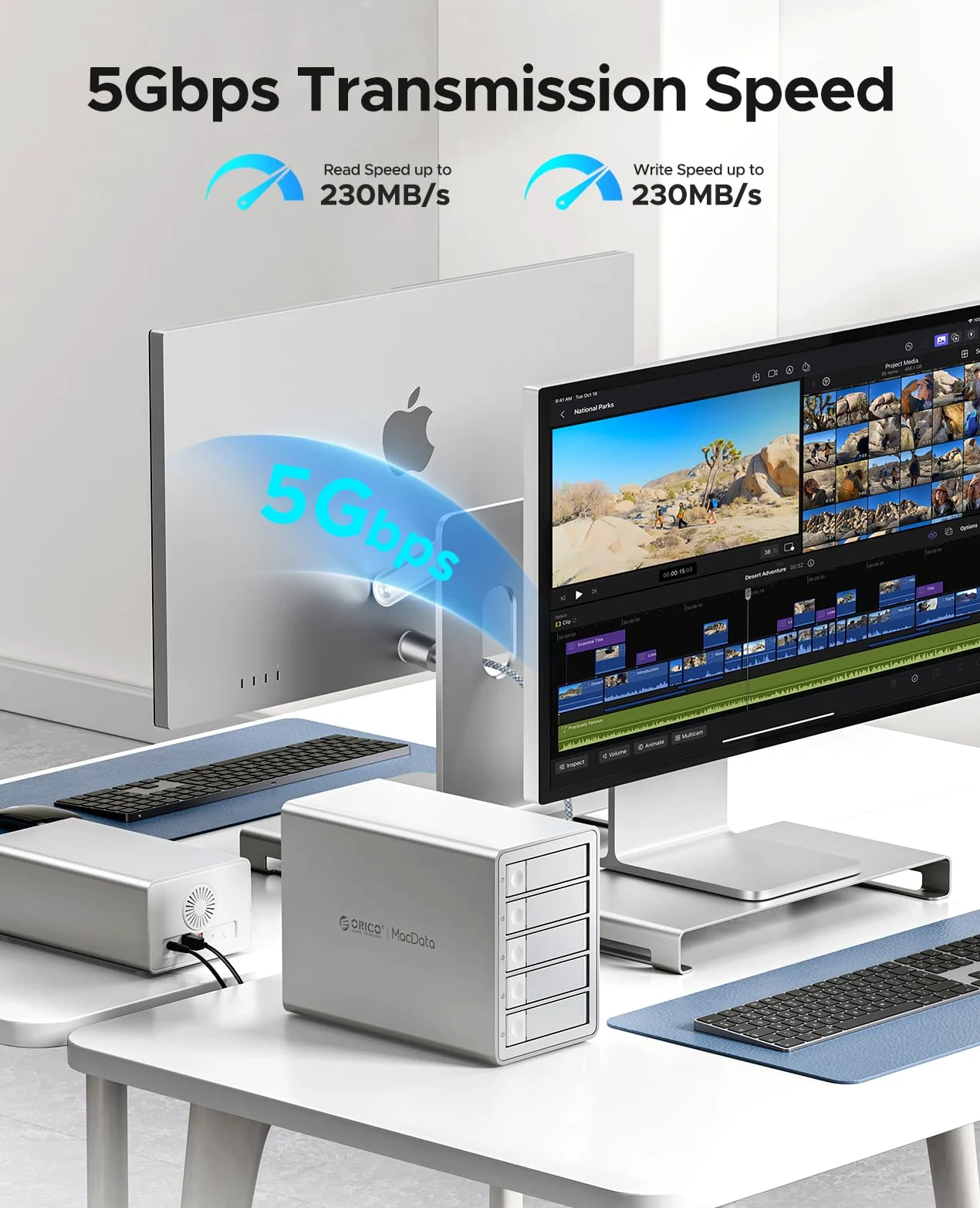 ORICO 5BIG RAID Enclosure per disco rigido SATA HDD/SSD da 2,5/3,5 Pollici fino a 5 x 22TB, Alluminio USB 3.0 Docking Station per Hard Disk, Supporta RAID 0/1/5/10/PM (9958RU3)
