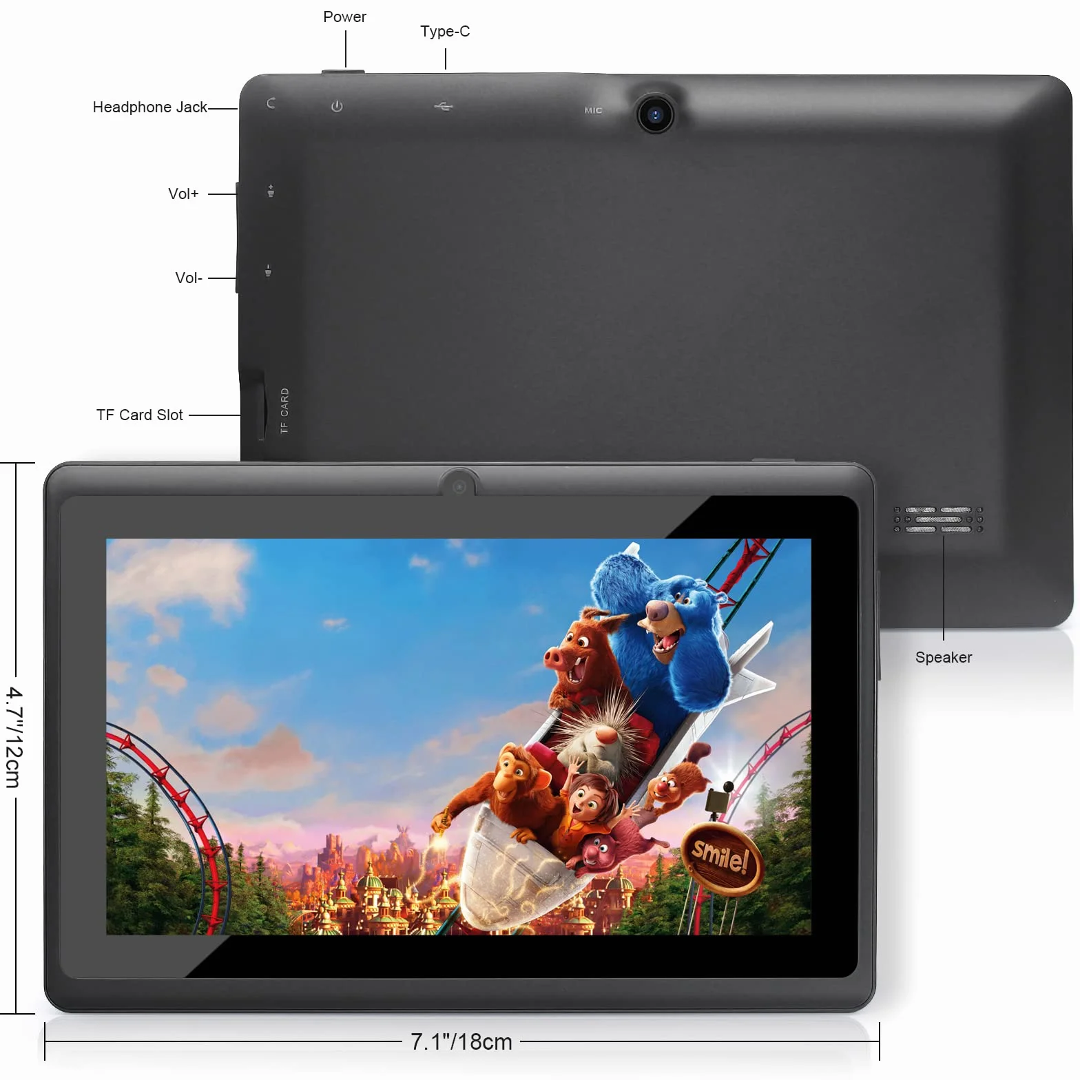 7 Pollici Tablet PC, Android 5.0 Quad Core, 1GB RAM 8GB ROM, Doppia Fotocamera, Touchscreen Capacitivo, WiFi, Bluetooth, Nero
