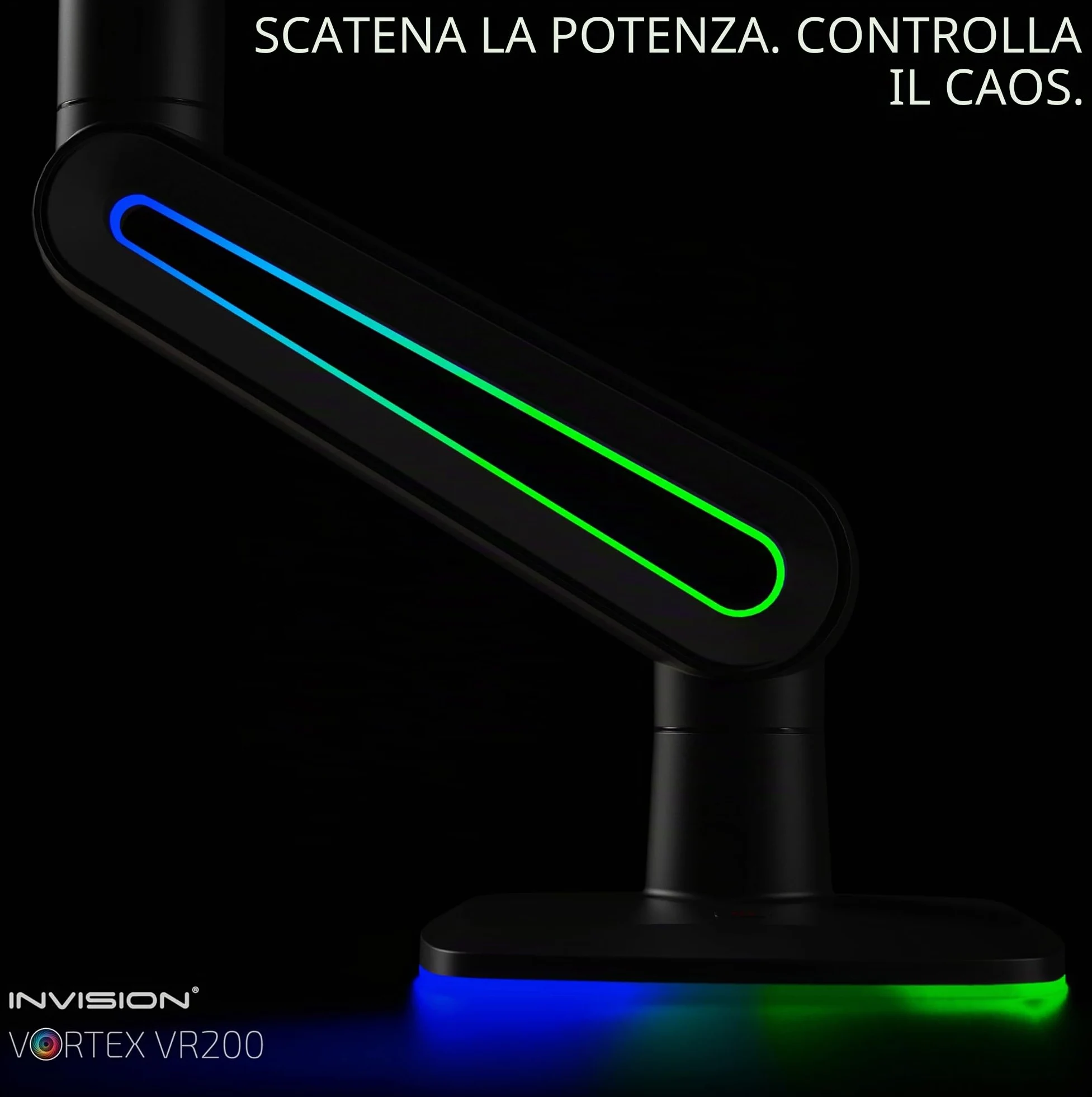 Invision VORTEX Supporto Braccio Monitor Gaming Schermi 27 a 57 pollici | Curvo e UltraWide | Alimentato Tramite USB 5 V | Luci LED RGB Integrate a 14 Modalità | 3-18 kg MAX (VR200)