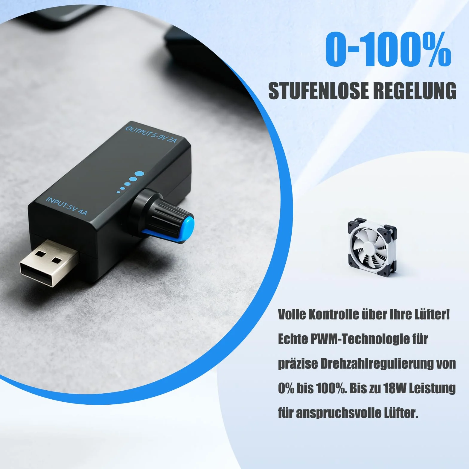 PWM Regolatore di velocità 18 W con porta USB – Controller ventola professionale con controllo della ventola PWM e velocità della ventola USB continua, DC5 V 4 A, alloggiamento ABS e tipo C per