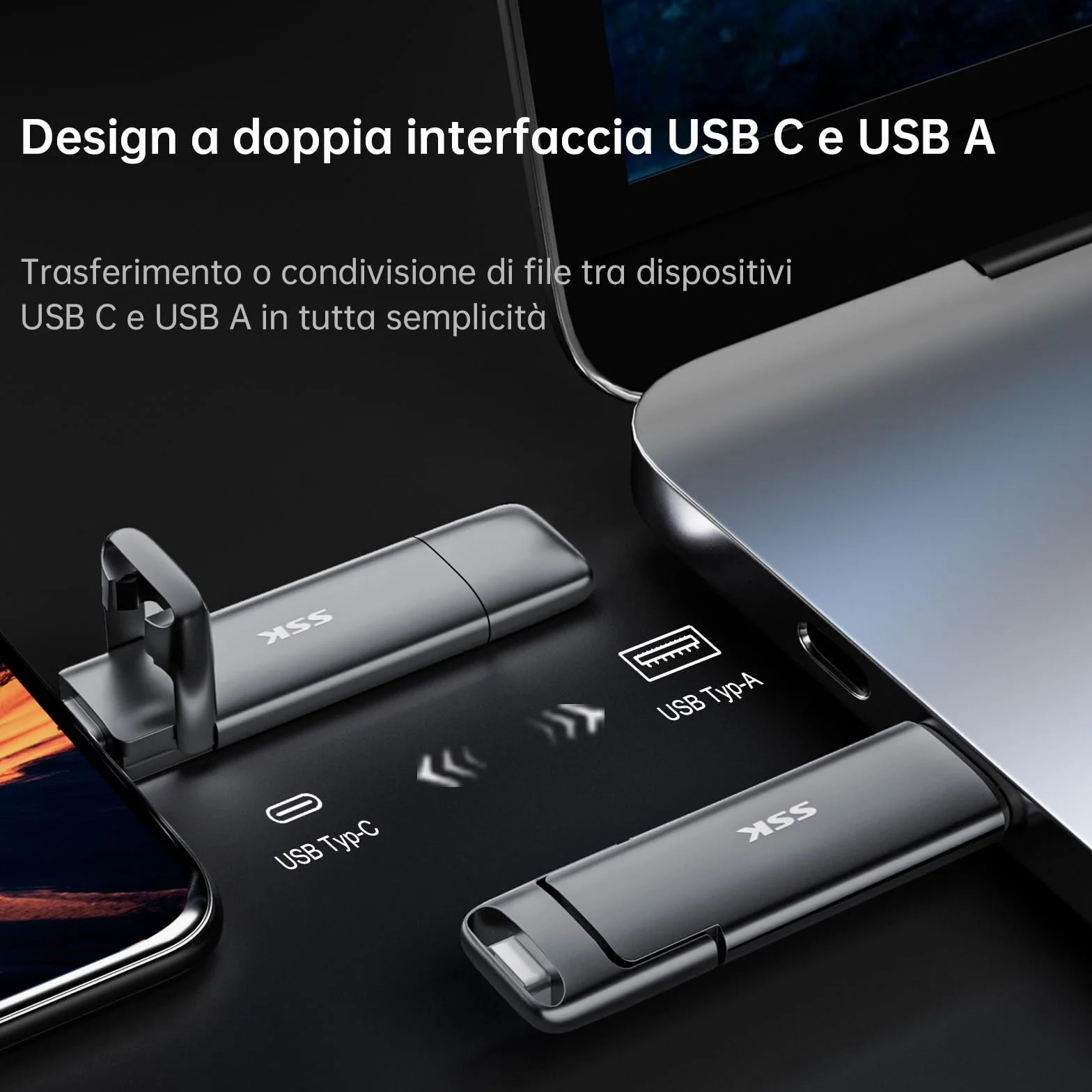 SSK SSD esterno portatile da 128GB Dual USB 3.2 Gen 2 Unità a stato solido fino a 550MB/s in lettura, adattatore USB A + tipo C 2 in 1 Disco rigido SSD da 128GB per laptop, tablet e altro