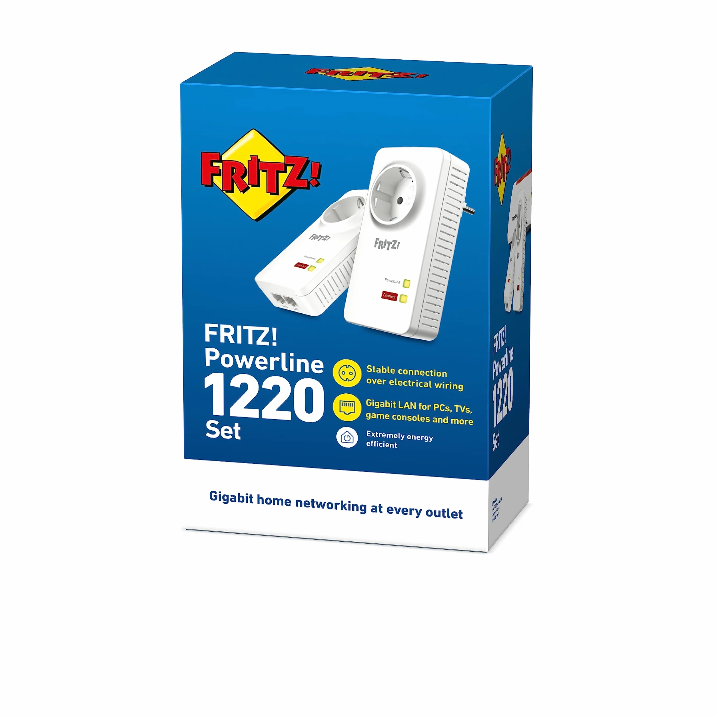 FRITZ!Powerline 1220 Set Kit di 2 Adattatori con Presa Passante, Fino a 1200 Mbps, 2 Porte LAN Gigabit, Plug and Play, Eco Mode, Istruzioni in Italiano