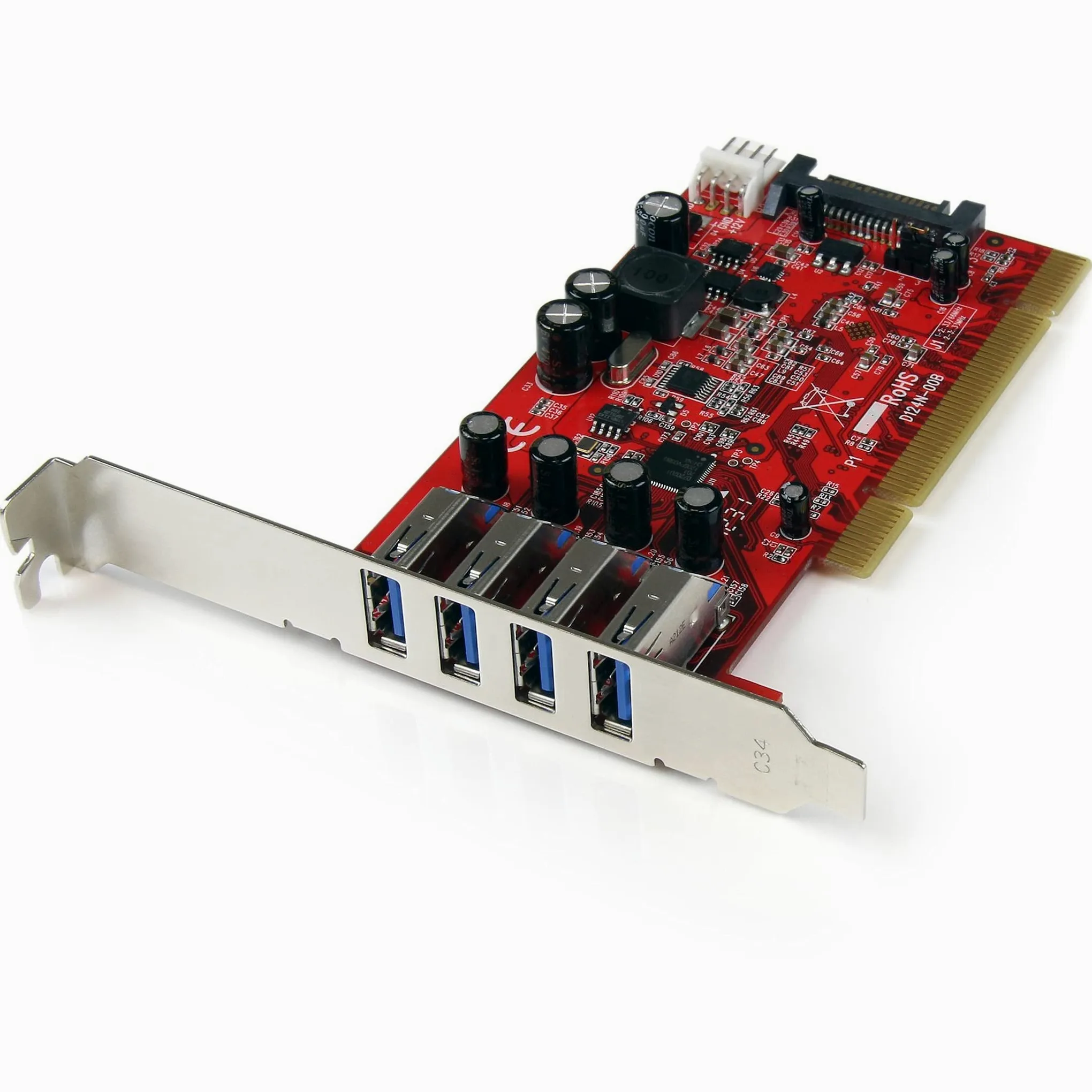 StarTech Scheda PCI USB 3.0 a 4 Porte 5Gbps SuperSpeed Rosso (PCIUSB3S4) | Alimentazione via SATA o SP4, Retrocompatibile con USB 2.0