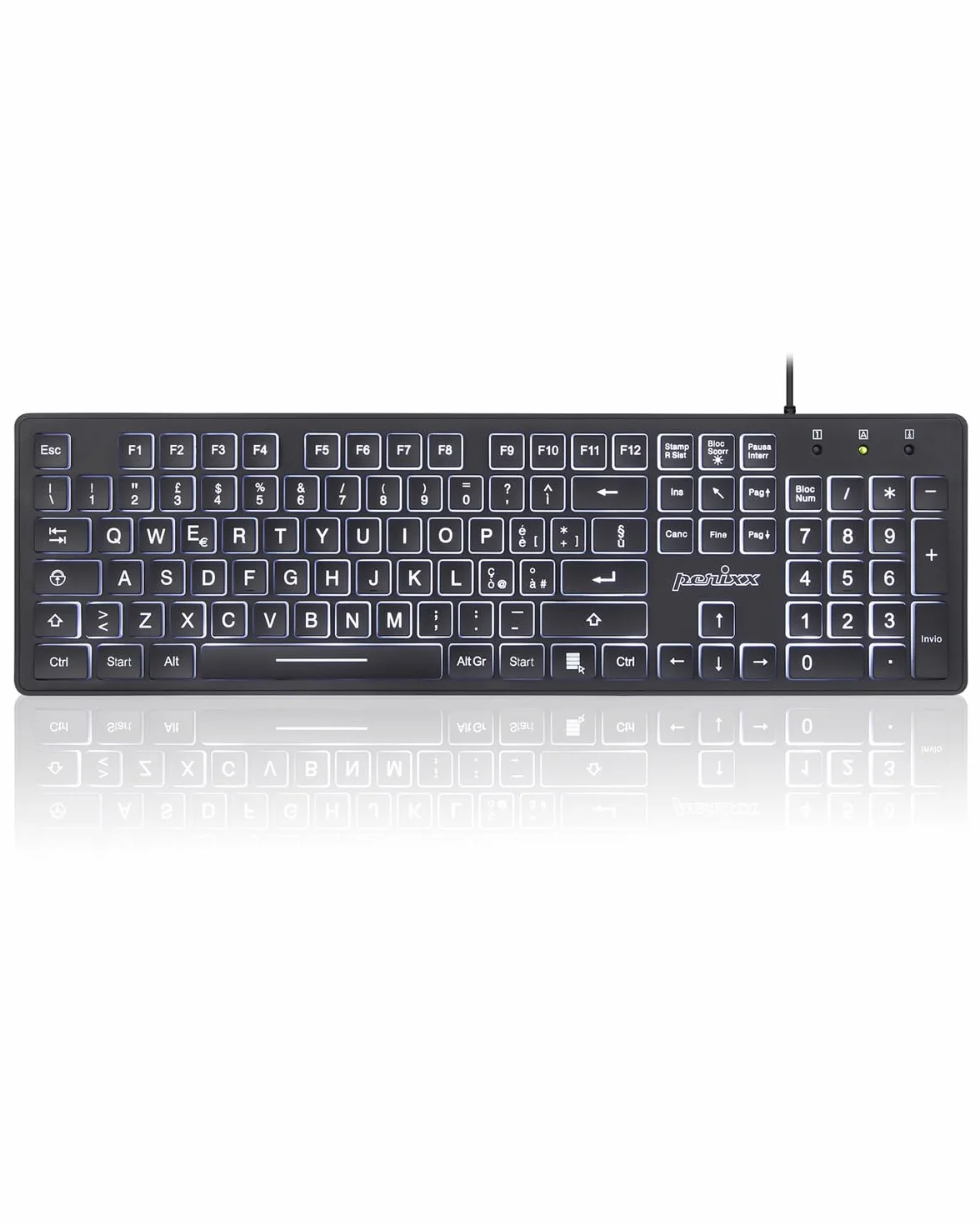 Perixx PERIBOARD-317 Tastiera Retroilluminata LED Bianchi USB Cablata, Full-size, Lettere grandi, Layout Italiano QWERTY