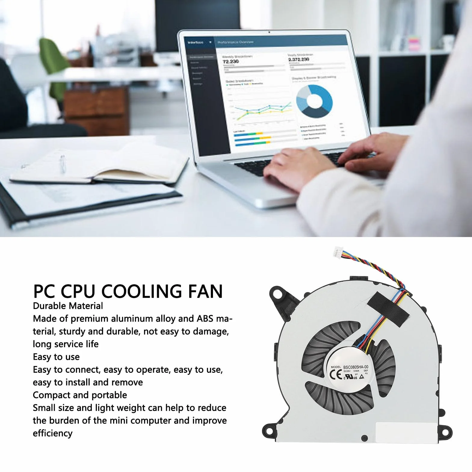 Bewinner Ventola di Raffreddamento CPU di Ricambio per NUC8 NUC8i7BEH NUC8i5BEH NUC8i5BEK NUC8i3BEH, 4 Pin 5 V 0,6 A BSC0805HA‑00 Ventola di Raffreddamento CPU Mini PC